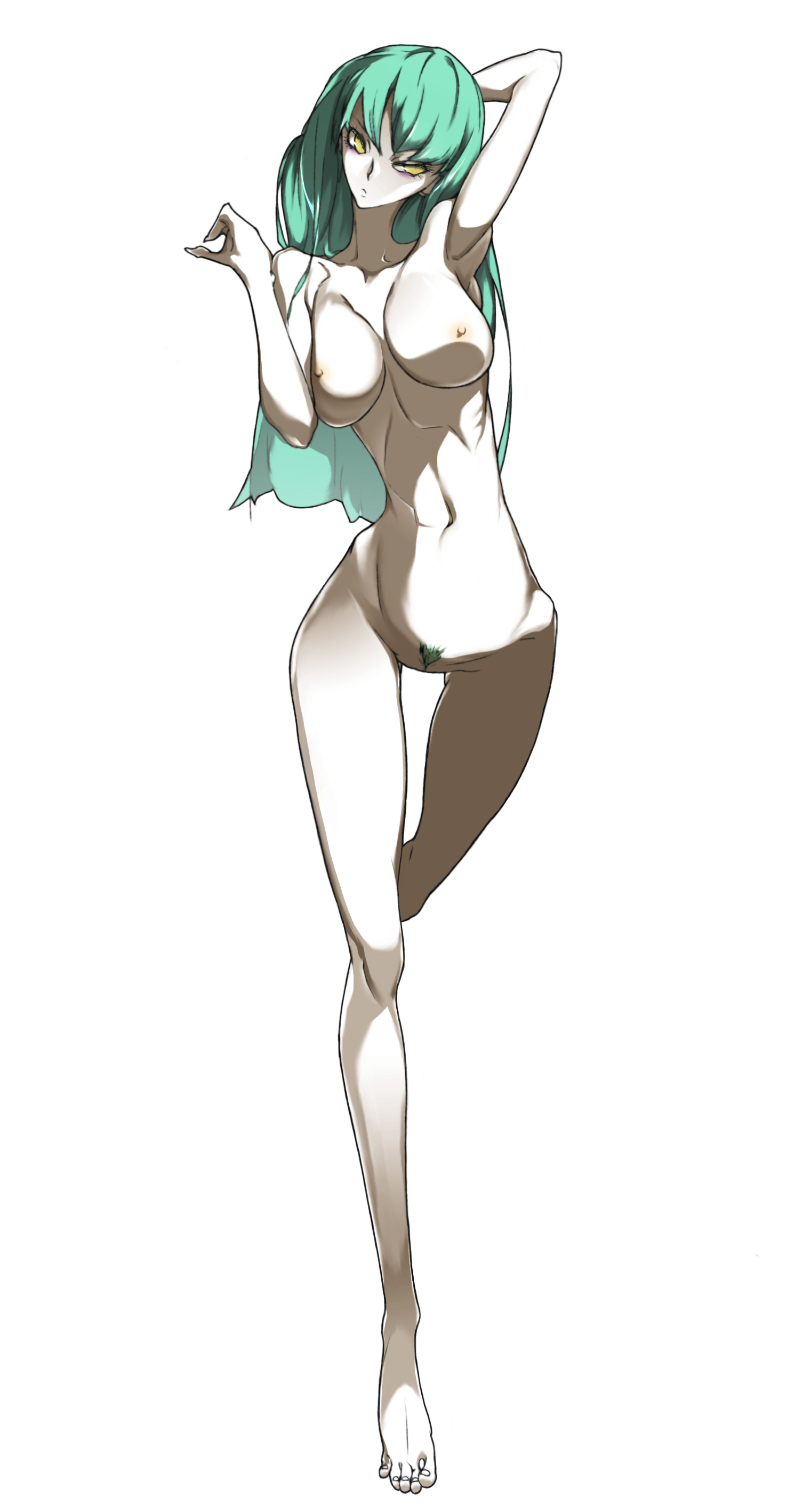 atihsa, absurdres, highres, 1girl, armpits, bad anatomy, bad feet, barefoot, breasts, colored skin, contrapposto, feet, female focus, female pubic hair, green hair, hip bones, large breasts, legs, long hair, narrow waist, nipples, nude, pale skin, pubic hair, ribs, serious, skinny, solo, standing, thigh gap, white skin, yellow eyes