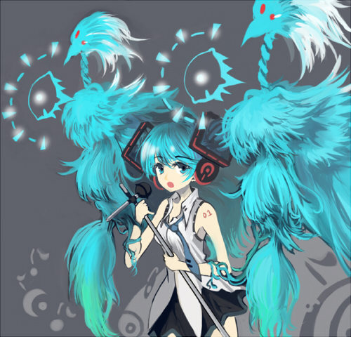 sasurai susuki, susuki (pixiv), hatsune miku, vocaloid, lowres, 1girl, alternate hairstyle, aqua eyes, aqua hair, bird, detached sleeves, female focus, headphones, long hair, microphone, microphone stand, necktie, open mouth, shirt, skirt, sleeveless, sleeveless shirt, solo, tattoo, twintails, very long hair