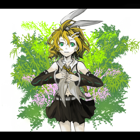 sasurai susuki, susuki (pixiv), hatsune miku, kagamine rin, vocaloid, lowres, 1girl, aqua eyes, bare shoulders, blonde hair, collarbone, cosplay, detached sleeves, female focus, green eyes, hair ornament, hairclip, hairpin, letterboxed, navel, necktie, ribbon, shirt, short hair, skirt, sleeveless, sleeveless shirt, smile, solo, wide sleeves