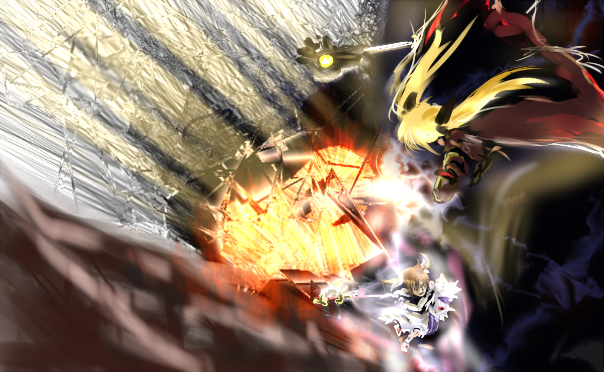 ego6, bardiche (nanoha), fate testarossa, raising heart, takamachi nanoha, lyrical nanoha, mahou shoujo lyrical nanoha, 00s, blonde hair, brown hair, cape, distortion, hair ribbon, ribbon, twintails