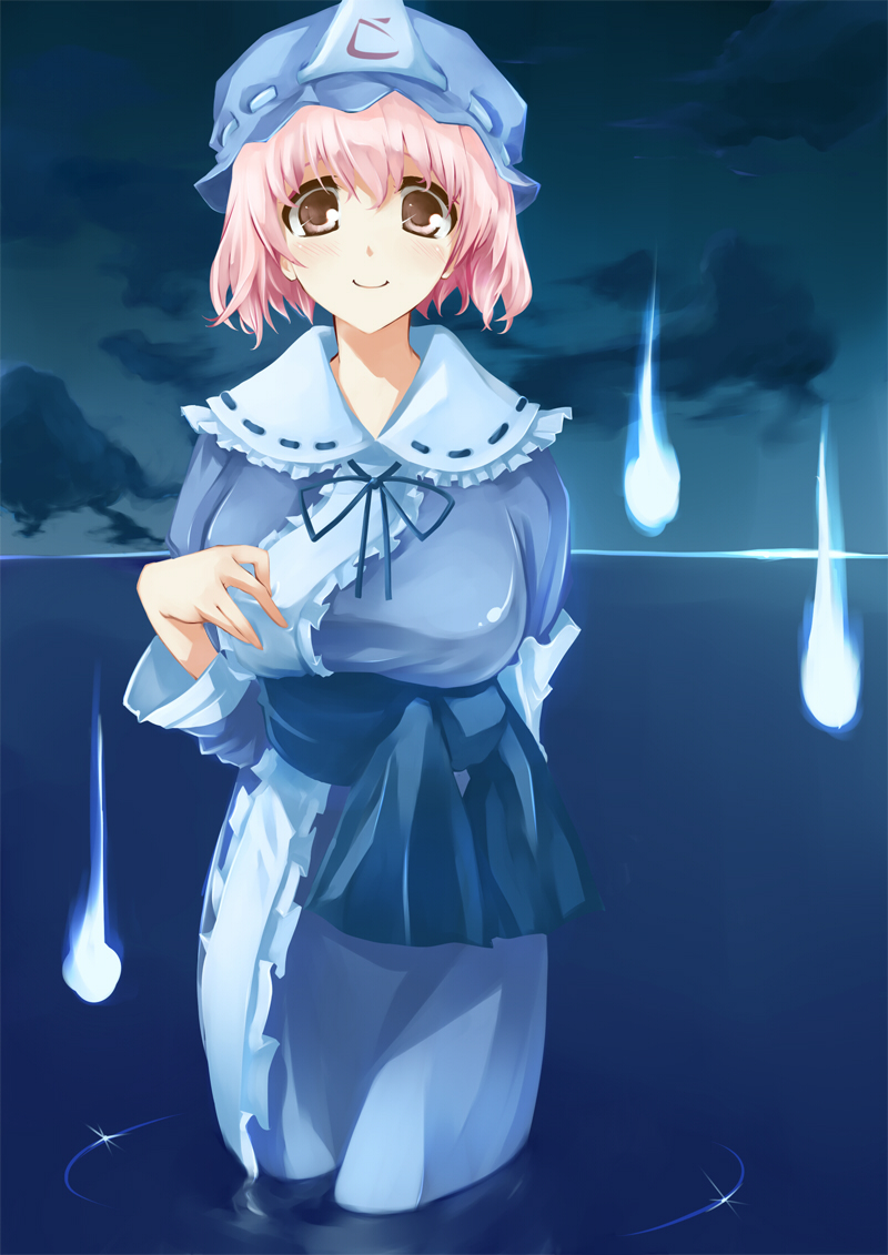 pino (birthdayparty), pino (pixiv), saigyouji yuyuko, touhou, 1girl, breasts, brown eyes, dress, female focus, hat, hitodama, large breasts, ocean, outdoors, pink hair, short hair, sky, smile, solo, spirits, wading, water