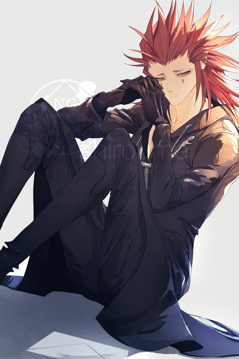 axel (kingdom hearts), kingdom hearts, kingdom hearts ii, highres, 1boy, black gloves, black pants, black robe, facial mark, feet out of frame, gloves, grey background, hair slicked back, half-closed eyes, hood, hood down, hooded robe, long hair, male focus, own hands clasped, own hands together, pants, red hair, robe, sad, sideburns, sitting, solo, srum su28