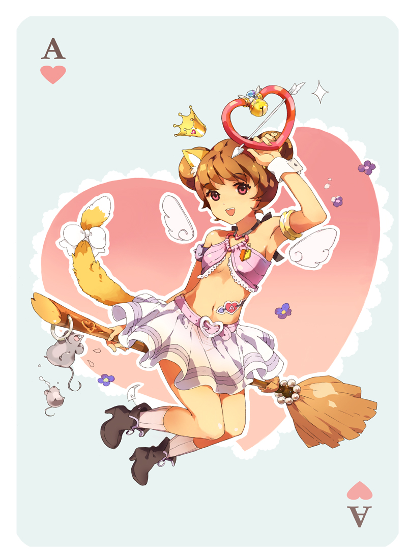 tiru, original, 1girl, animal ears, broom, broom riding, brown hair, card, card (medium), child, crown, double bun, female focus, hair bun, legs, midriff, mouse (animal), pink eyes, playing card, playing card (medium), ribbon, sidesaddle, skirt, solo, tail, tail ornament, tail ribbon