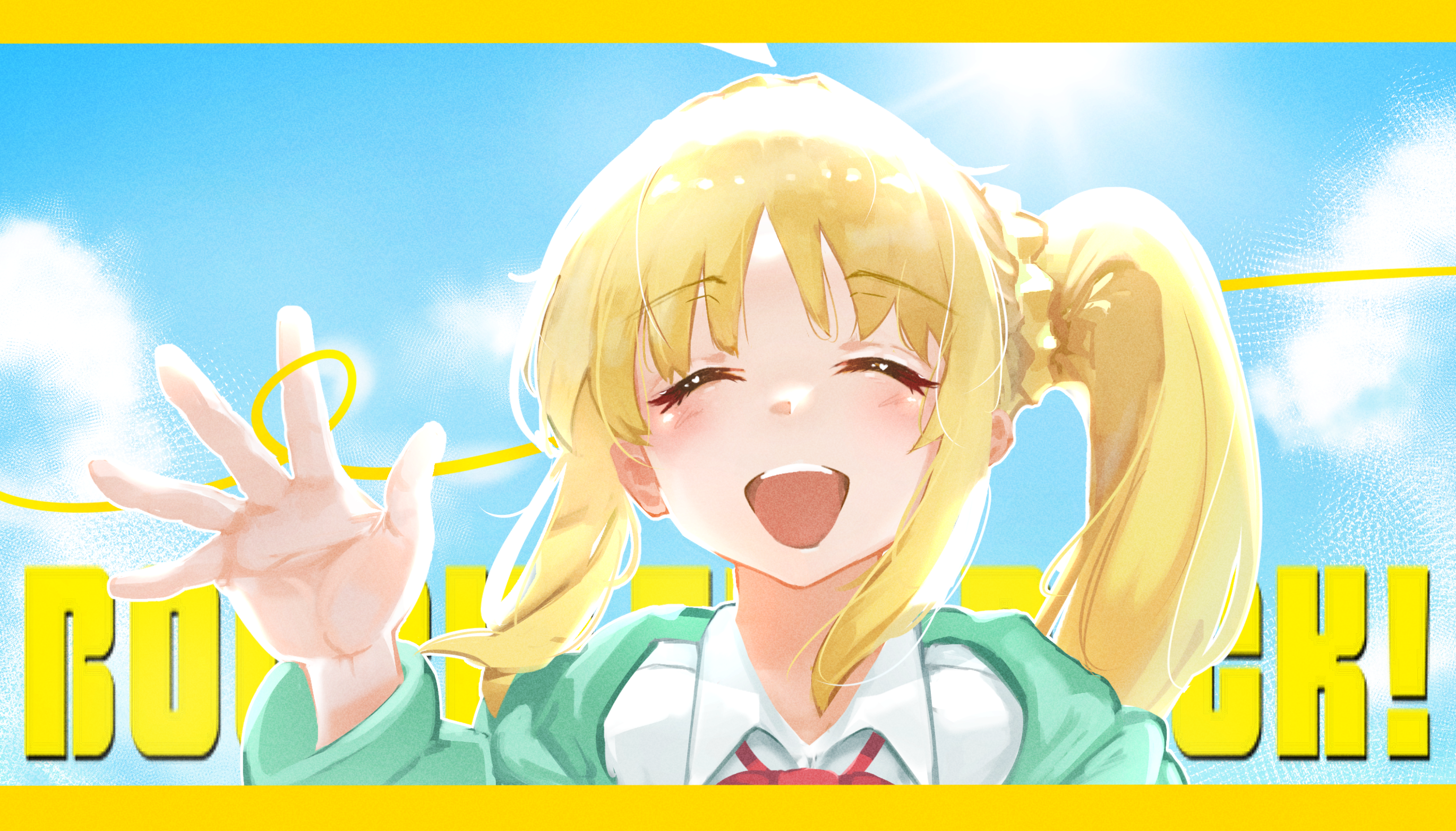 geene, ijichi nijika, bocchi the rock!, commentary request, highres, 1girl, ^ ^, blonde hair, blue sky, braid, closed eyes, collared shirt, copyright name, hand up, jacket, long hair, long sleeves, open clothes, open jacket, open mouth, parted bangs, portrait, pstoo, shirt, side ponytail, side ponytail with braided base, sky, smile, solo, waving, white shirt, wing collar, yellow theme