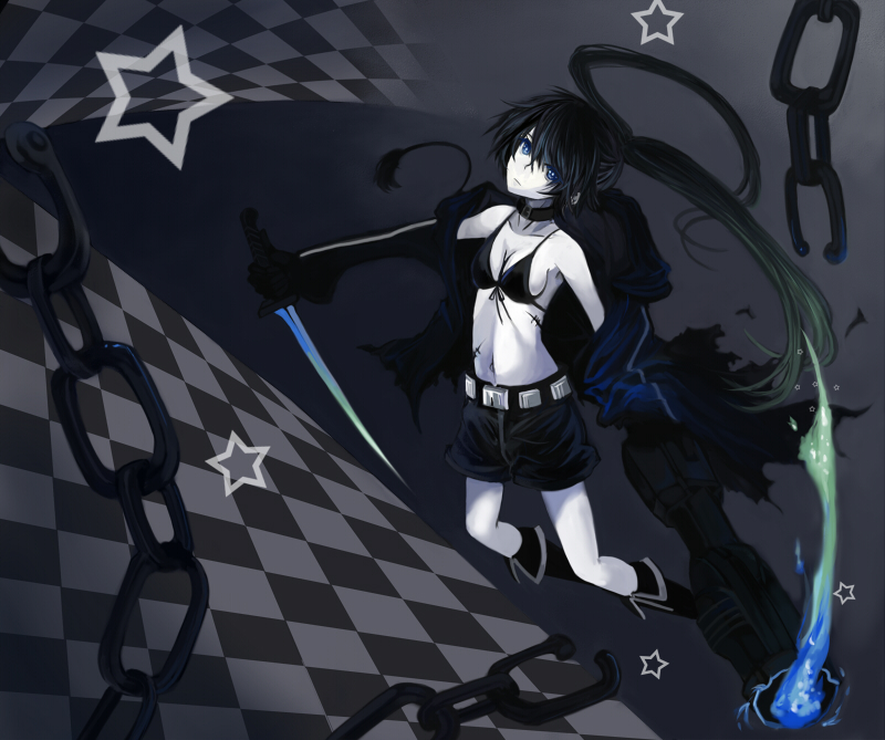 sasurai susuki, susuki (pixiv), black rock shooter (character), black rock shooter, vocaloid, 10s, 1girl, arm cannon, belt, bikini, bikini top only, black hair, blue eyes, boots, breasts, cape, chain, choker, cleavage, collarbone, female focus, flat chest, gradient hair, green hair, gun, katana, long hair, midriff, multicolored hair, navel, scar, shorts, solo, star (symbol), swimsuit, sword, twintails, weapon