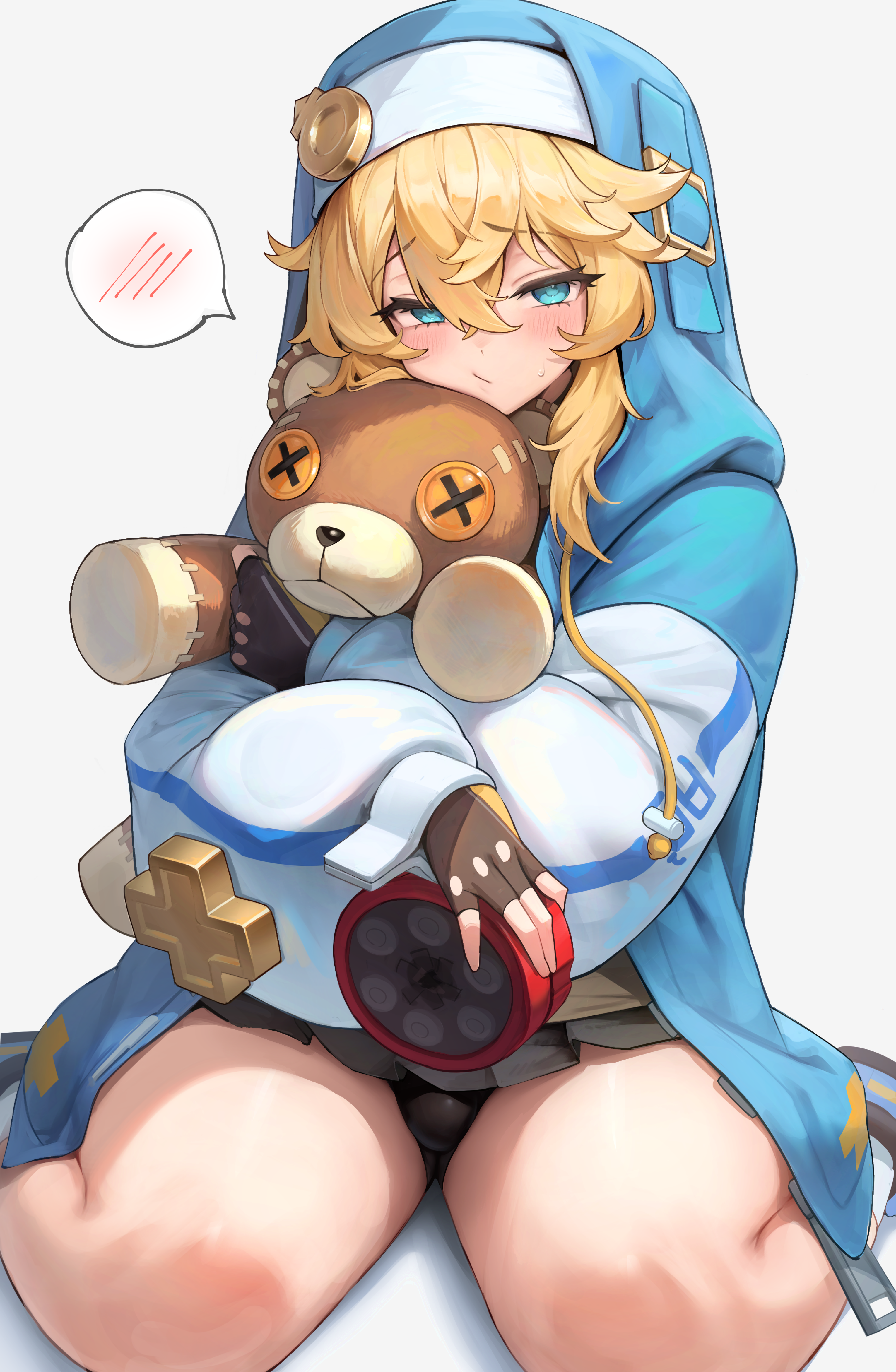 hakusyokuto, bridget (guilty gear), guilty gear, guilty gear strive, absurdres, highres, 1boy, black panties, black skirt, blonde hair, blue eyes, blue hoodie, blush, bulge, closed mouth, grey background, hair between eyes, hood, hoodie, hugging object, long hair, long sleeves, looking at viewer, panties, pleated skirt, simple background, sitting, skirt, spoken blush, stuffed animal, stuffed toy, sweat, teddy bear, thigh focus, thighs, trap, underwear, wariza