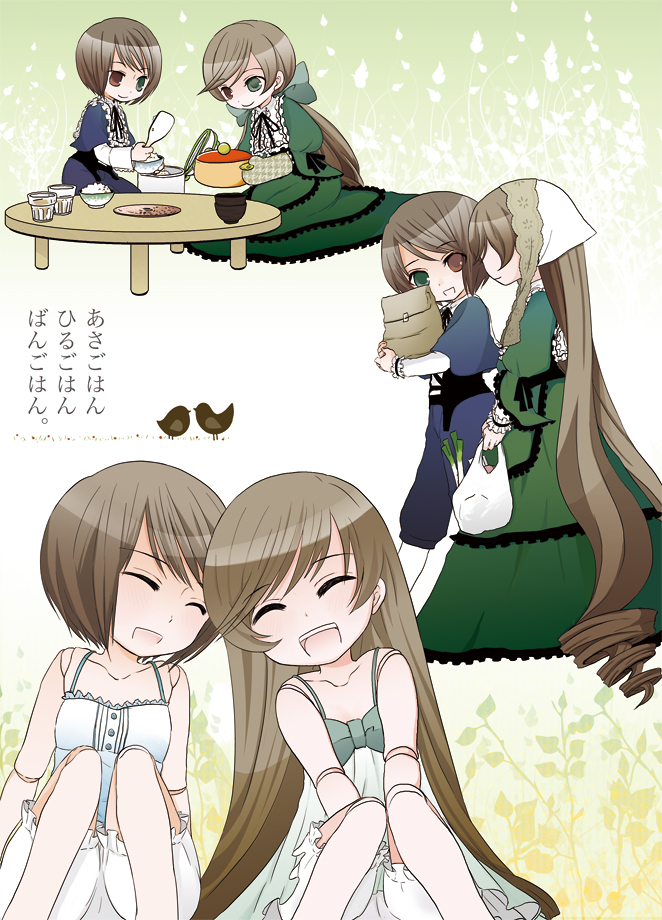 satou memeko, souseiseki, suiseiseki, rozen maiden, bad id, bad pixiv id, translated, 00s, 2girls, :d, ^ ^, bag, bird, bloomers, bowl, camisole, closed eyes, doll joints, dress, hairband, happy, headscarf, heterochromia, joints, long hair, multiple girls, open mouth, paper bag, rice, rice bowl, rice cooker, shamoji, short hair, siblings, sisters, smile, spoon, spring onion, table, twins, underwear, white headscarf