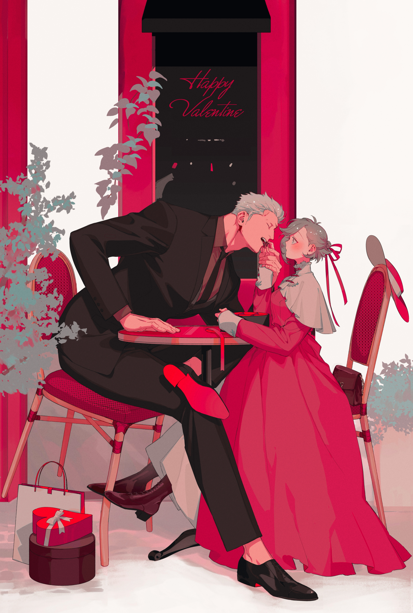 kabane (rjev8385), smoker (one piece), one piece, original, commentary request, highres, 1boy, 1girl, alternate costume, bag, black jacket, black necktie, black pants, black shoes, black suit, blush, boots, box, breasts, brown bag, brown boots, brown shirt, capelet, chair, chocolate, closed eyes, collared shirt, couple, dating, dress, dress shoes, face-to-face, feeding, figure four sitting, food, formal clothes, from side, gift, gift box, grey eyes, grey hair, hair bun, hair ribbon, hand on table, handbag, happy valentine, hat, hat ribbon, heart-shaped box, hetero, holding, holding chocolate, holding food, jacket, lace-up boots, long dress, long sleeves, looking at another, medium breasts, necktie, no socks, oc x canon, on chair, open mouth, pants, plant, profile, red dress, red hat, ribbon, shirt, shoes, shopping bag, short hair, single hair bun, sitting, suit, suit jacket, table, unworn hat, unworn headwear, white capelet, white hair, white ribbon