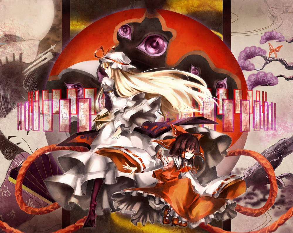 tomasu, tsurukame, hakurei reimu, yakumo yukari, touhou, 2girls, blonde hair, brown hair, crescent moon, detached sleeves, dress, eyeball, female focus, from behind, hat, long sleeves, looking at viewer, looking back, mob cap, moon, multiple girls, red dress, standing