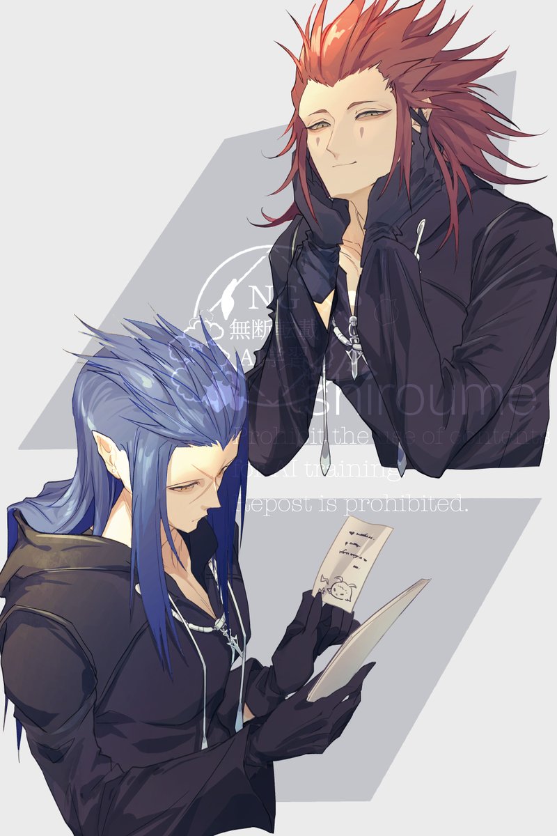 axel (kingdom hearts), saix, kingdom hearts, kingdom hearts ii, highres, 2boys, black gloves, black robe, blue hair, closed mouth, cross scar, facial mark, gloves, hair slicked back, hands on own head, holding, holding paper, hood, hood down, hooded robe, light smile, long hair, male focus, multiple boys, paper, pointy ears, red hair, robe, scar, scar on face, scar on forehead, sideburns, sidelocks, srum su28, upper body