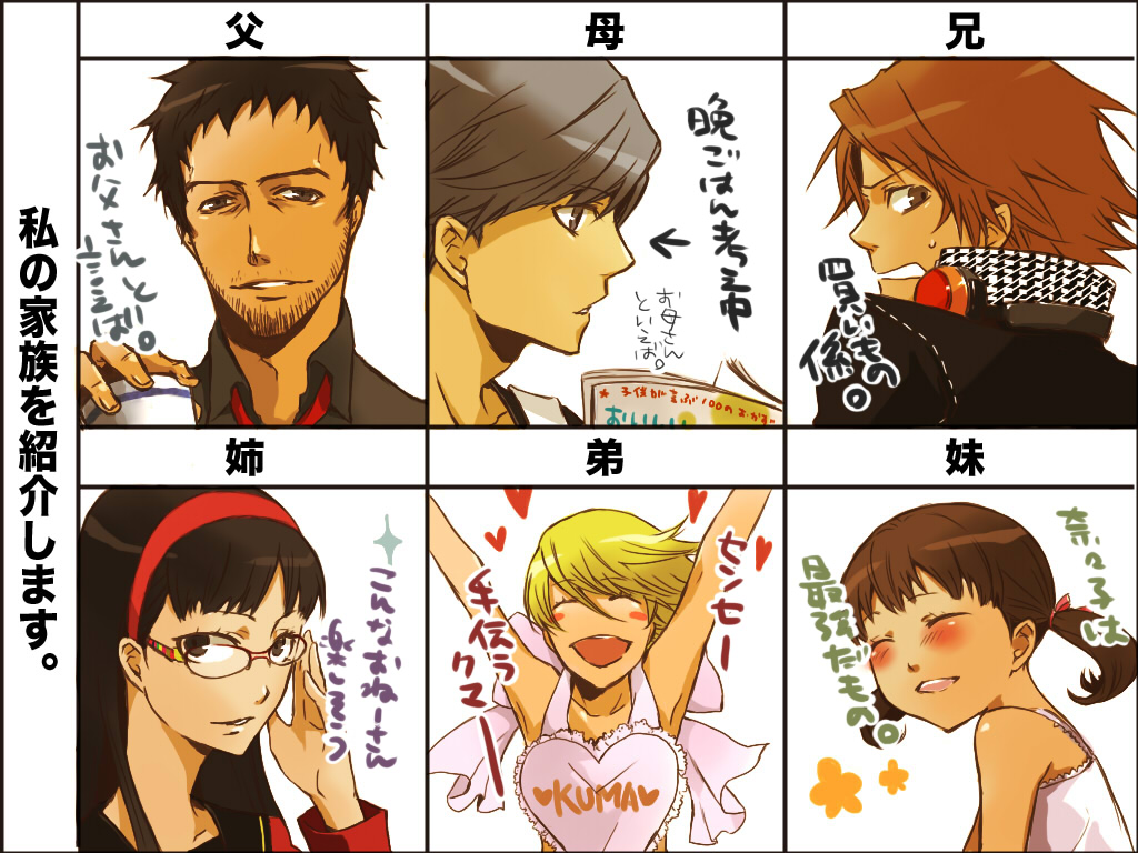 arufa@kara, arufa@sora, amagi yukiko, doujima nanako, doujima ryoutarou, hanamura yousuke, kuma (persona 4), narukami yu, atlus, persona, persona 4, bad id, bad pixiv id, partially translated, translation request, 2girls, 4boys, chart, family, multiple boys, multiple girls, text focus