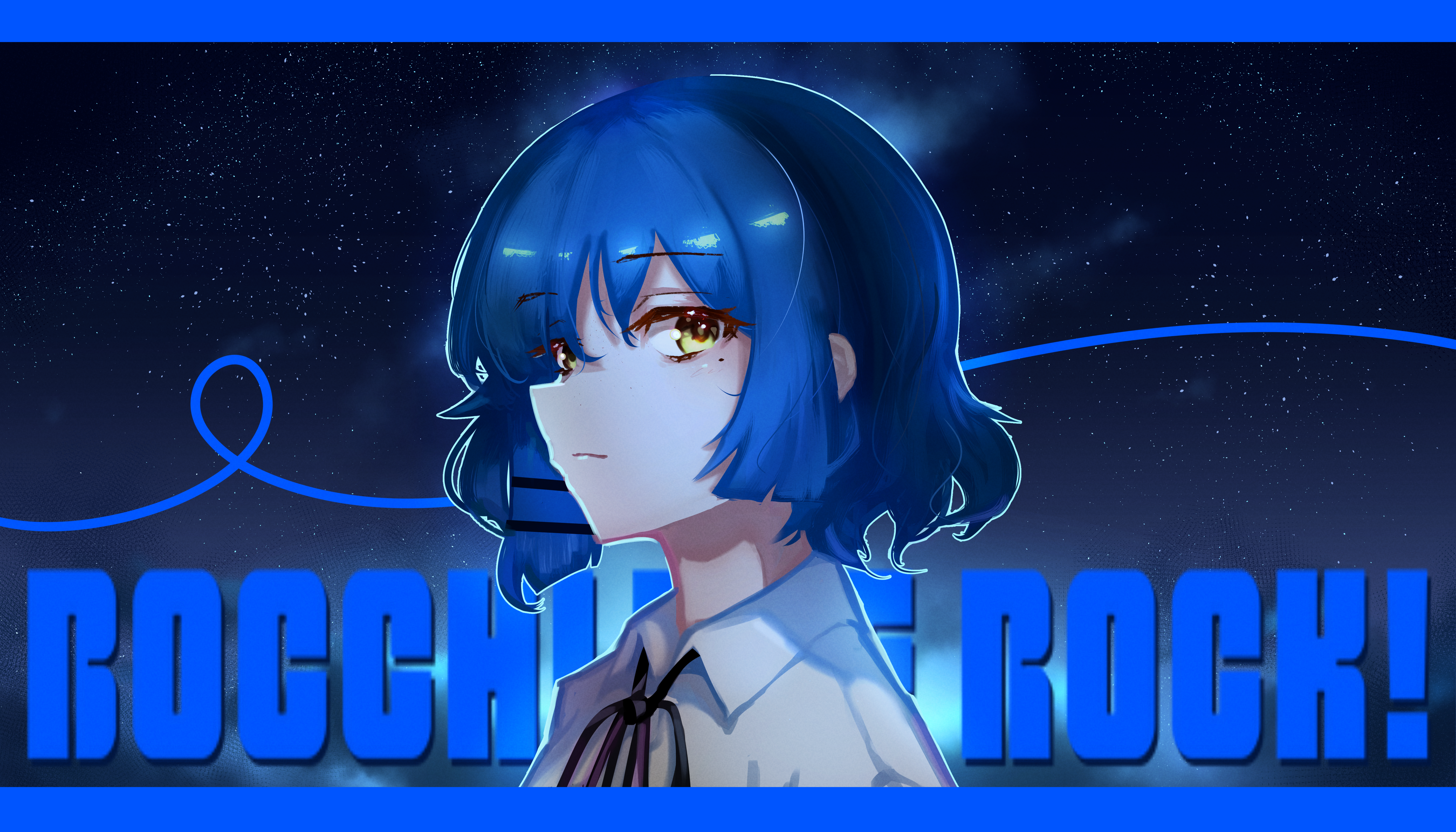 yamada ryo, bocchi the rock!, absurdres, chinese commentary, commentary request, highres, 1girl, black ribbon, blue hair, blue theme, closed mouth, collared shirt, copyright name, expressionless, from side, hair ornament, hairclip, mole, mole under eye, neck ribbon, night, night sky, outline, parallel hairclips, portrait, pstoo, ribbon, shirt, short hair, sky, solo, star (sky), starry sky, white outline, white shirt, wing collar, yellow eyes