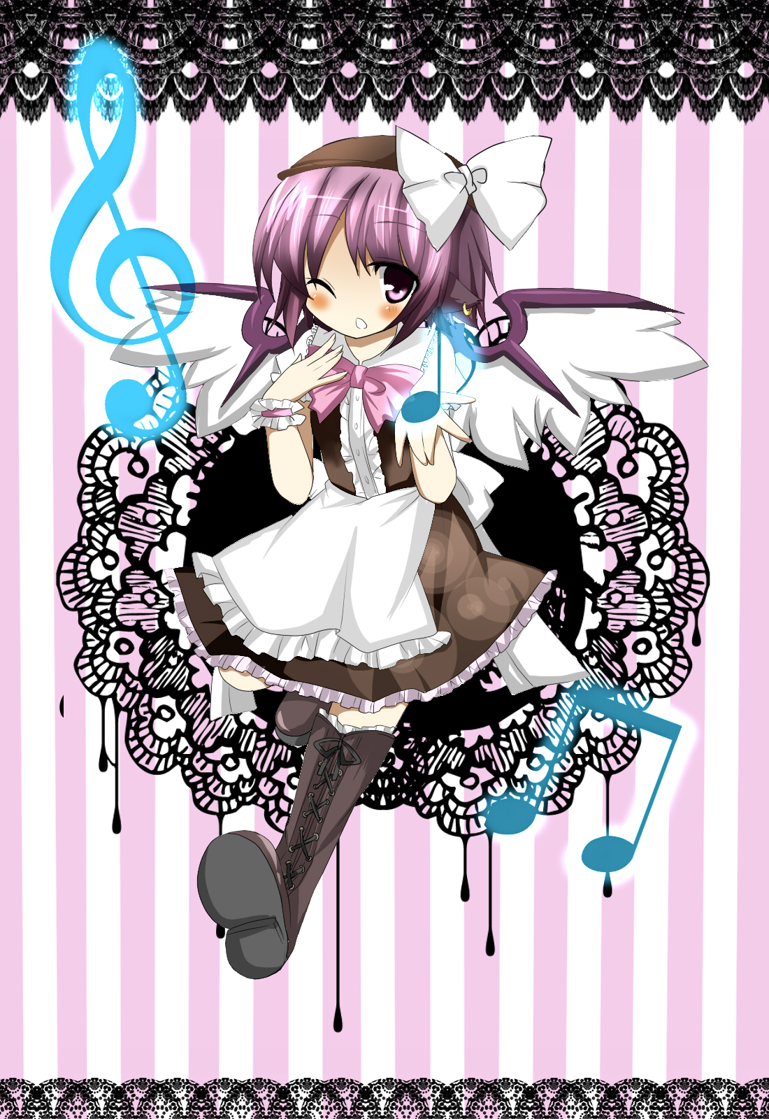 fujishiro emyu, mystia lorelei, touhou, bad id, bad pixiv id, highres, 1girl, animal ears, apron, blush, earrings, female focus, full body, hat, jewelry, musical note, pink hair, purple eyes, ribbon, short hair, solo, wings, wink