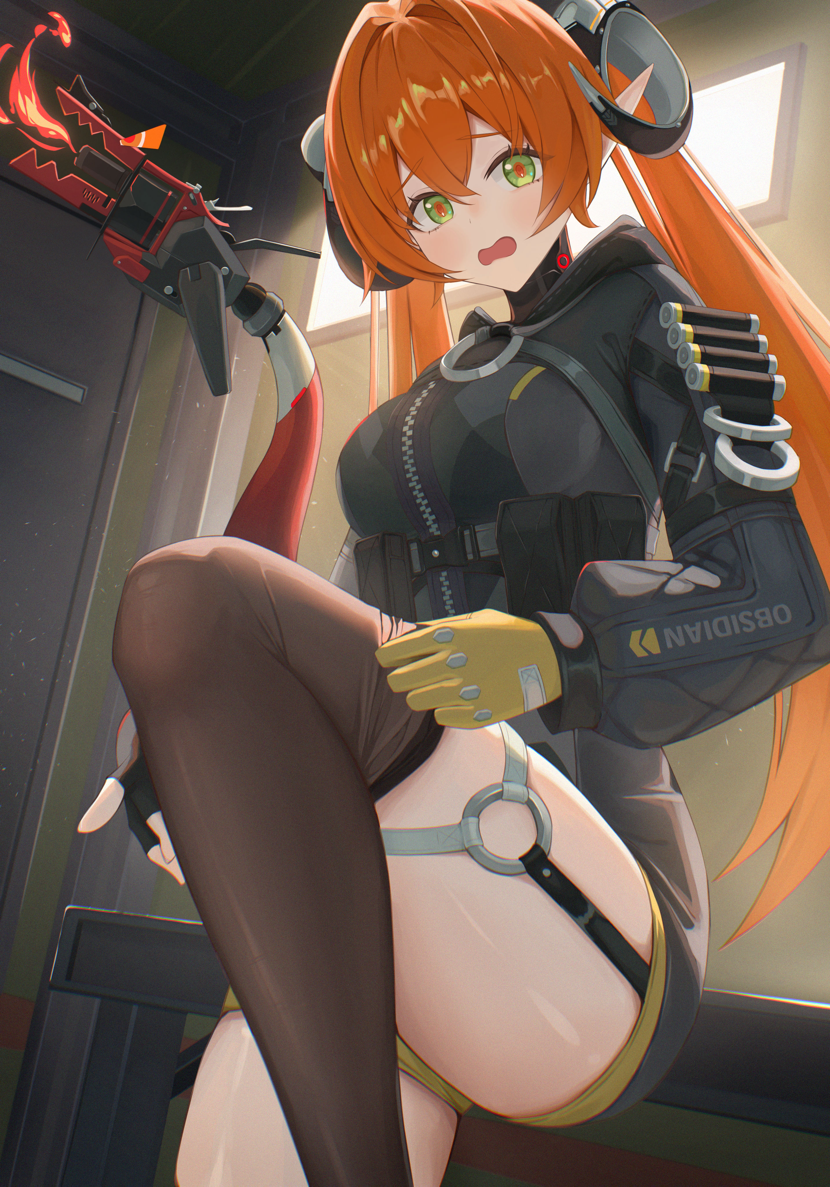 gonza3 v, magus (zenless zone zero), orphie magnusson, zenless zone zero, absurdres, highres, 1girl, adjusting clothes, adjusting legwear, asymmetrical gloves, black thighhighs, dragon girl, dragon horns, dragon tail, fingerless gloves, gloves, green eyes, hair between eyes, horns, indoors, knee up, long hair, long sleeves, looking at viewer, mechanical horns, mechanical tail, mismatched gloves, open mouth, orange hair, orange pupils, pointy ears, solo, standing, tail, thighhighs, twintails, yellow gloves
