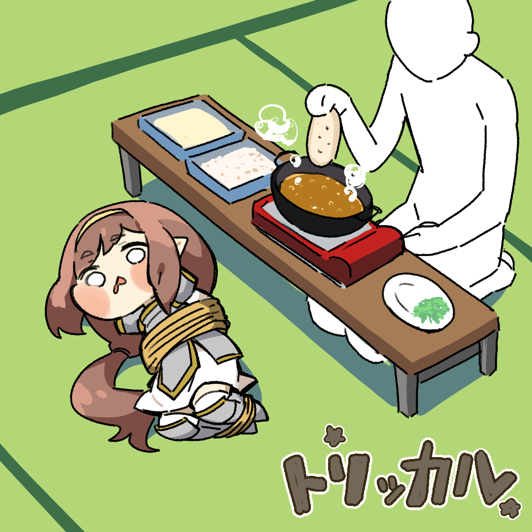 trickcal, commentary, food request, parody request, 1girl, 1other, armor, blush, bound, bound ankles, brown hair, cooking, copyright name, dress, drooling, food, from above, greaves, holding, holding food, long hair, low-tied long hair, lying, mouth drool, no sclera, nootoru, o o, on side, open mouth, plate, portable stove, rice, rohne (trickcal), seiza, short dress, sitting, steam, tied up (nonsexual), tray, triangle mouth, very long hair, white dress
