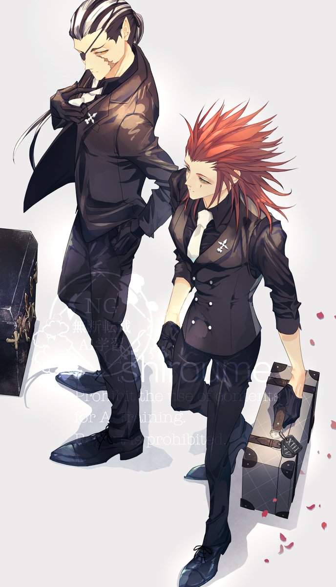 axel (kingdom hearts), xigbar, kingdom hearts, kingdom hearts ii, highres, 2boys, adjusting clothes, adjusting necktie, black gloves, black hair, black jacket, black pants, black shirt, black shoes, collared shirt, dress shoes, eyepatch, facial mark, facial scar, falling petals, from above, full body, gloves, grey background, hair slicked back, hand in pocket, holding, holding suitcase, jacket, long hair, male focus, multicolored hair, multiple boys, necktie, pants, petals, pointy ears, ponytail, red hair, red petals, scar, scar on cheek, scar on face, shirt, shoes, sideburns, sleeves rolled up, srum su28, streaked hair, suit jacket, suitcase, white hair, white necktie