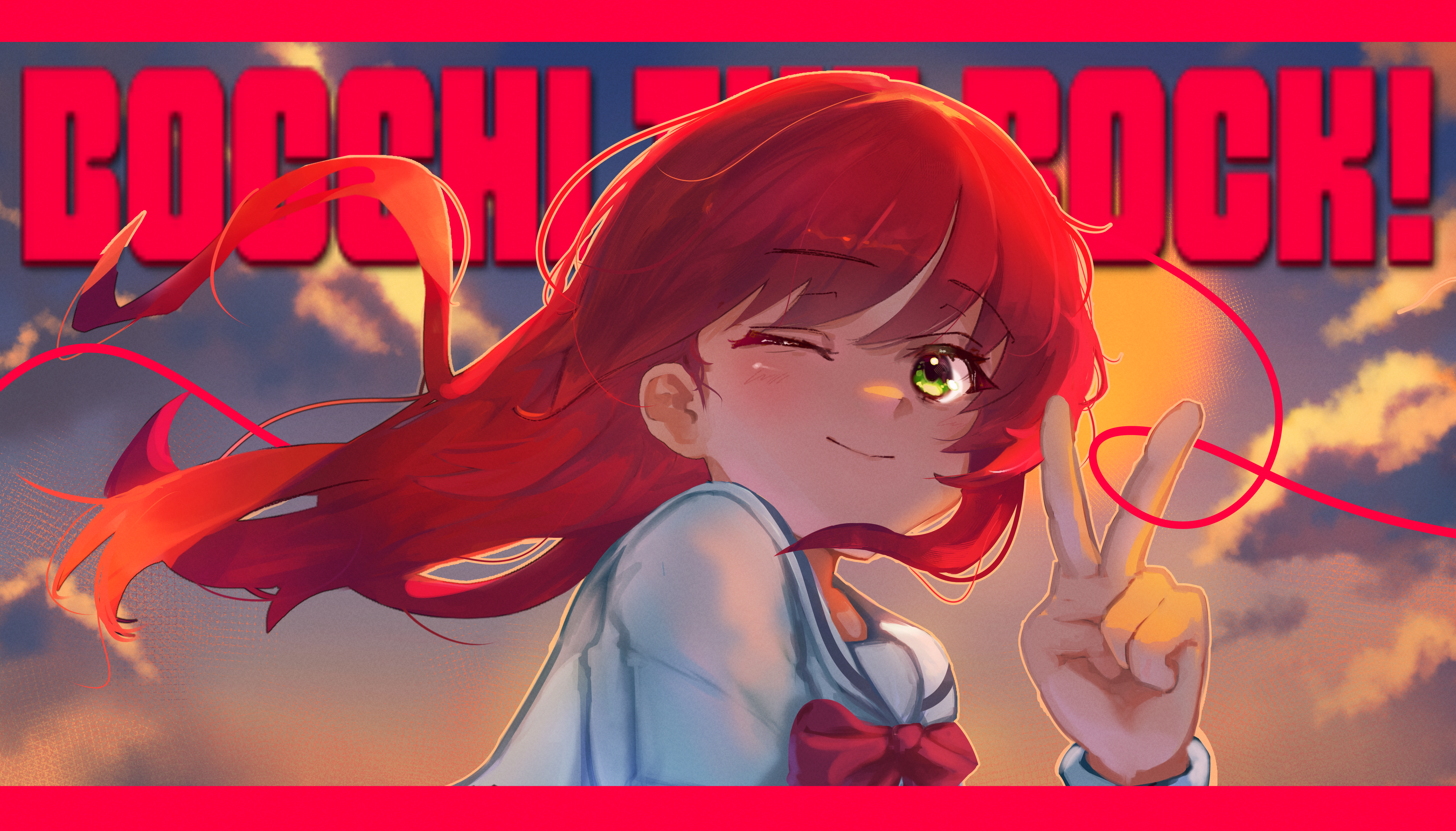 kita ikuyo, bocchi the rock!, absurdres, commentary request, highres, 1girl, bow, bowtie, closed mouth, copyright name, floating hair, from side, green eyes, hand up, long hair, looking at viewer, looking to the side, one eye closed, portrait, pstoo, red bow, red bowtie, red hair, red theme, sailor collar, shirt, smile, solo, swept bangs, turning head, v, white sailor collar, white shirt