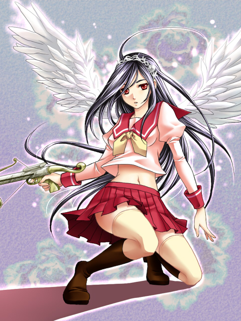 trimcolor, original, bad id, bad pixiv id, black hair, hairband, long hair, midriff, red eyes, school uniform, skirt, thighhighs, weapon, wings