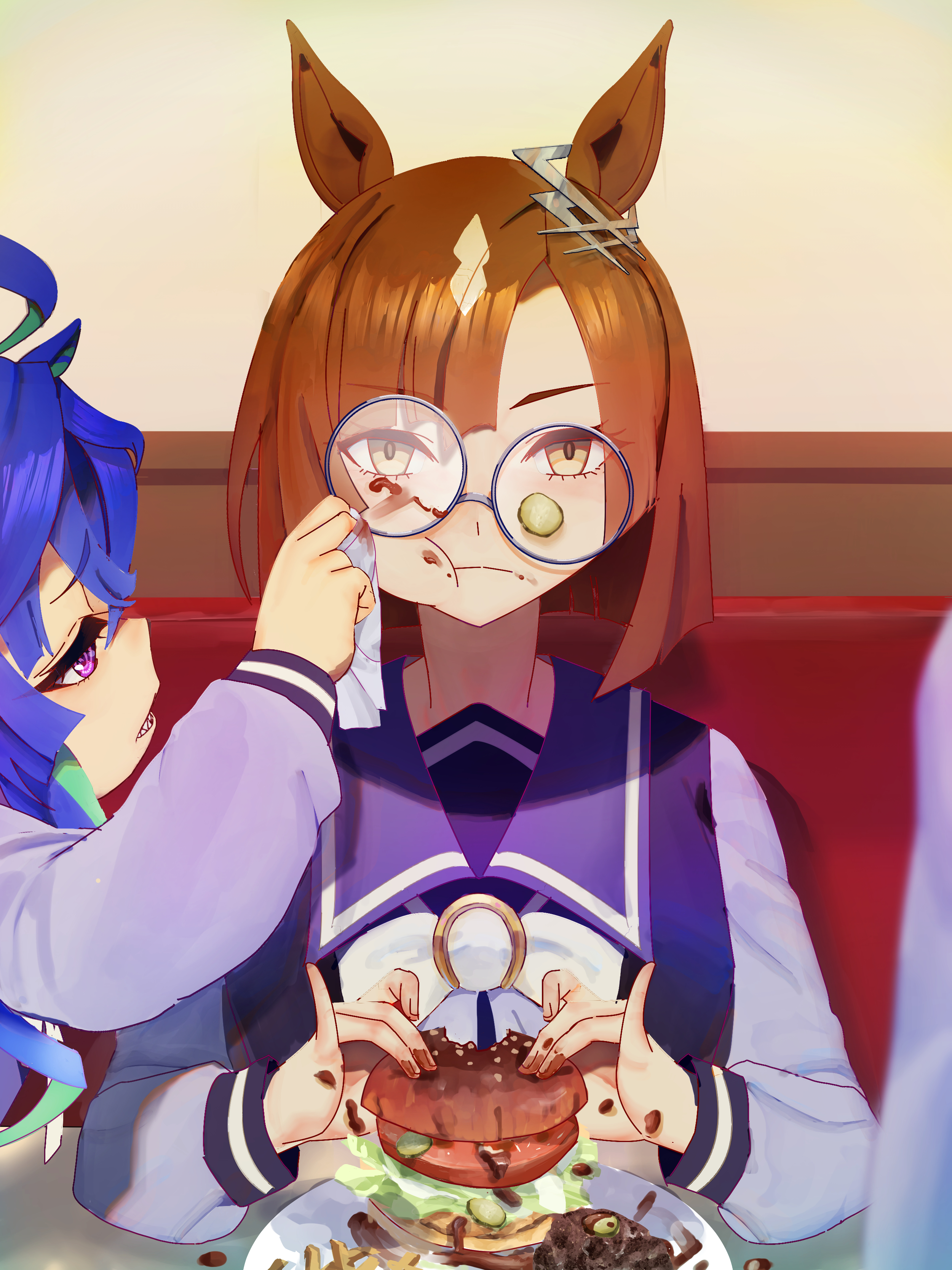 no uwazumi, ikuno dictus (umamusume), twin turbo (umamusume), umamusume, absurdres, commentary request, highres, 3girls, :t, animal ears, aqua hair, blue hair, bob cut, bow, bowtie, brown hair, burger, cheek bulge, closed mouth, eating, food, food on eyewear, french fries, holding, holding burger, holding food, horse ears, horse girl, inverted bob, long hair, long sleeves, multiple girls, pickle, purple sailor collar, purple shirt, sailor collar, school uniform, serafuku, sharp teeth, shirt, short hair, teeth, thighhighs, tracen school uniform, upper body, white bow, white bowtie, winter uniform