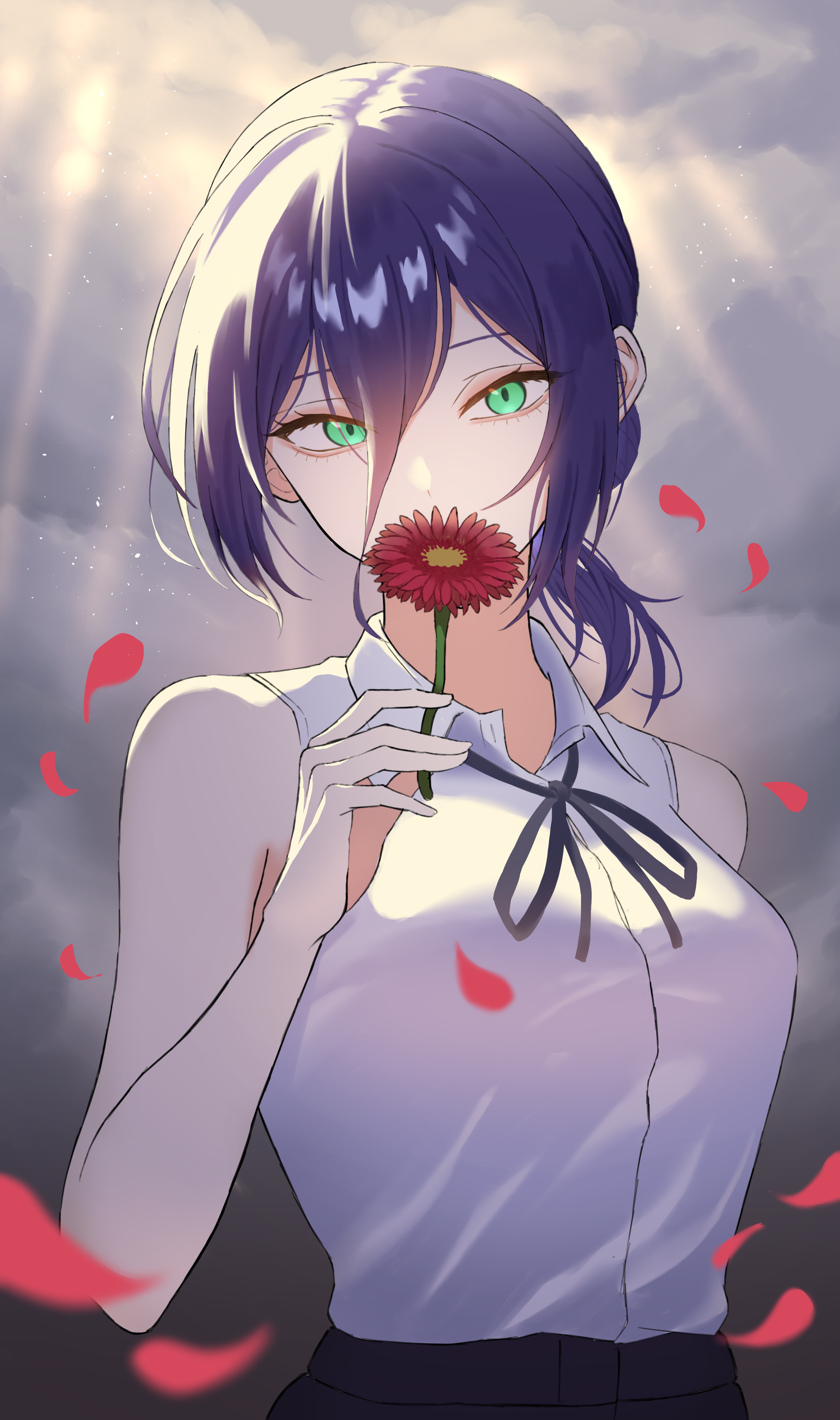 reze (chainsaw man), chainsaw man, absurdres, highres, 1girl, black ribbon, cloud, cloudy sky, collared shirt, flower, flower over mouth, green eyes, hair between eyes, holding, holding flower, looking at viewer, lulizabeth, neck ribbon, purple hair, red flower, ribbon, shirt, shirt tucked in, sky, sleeveless, sleeveless shirt, solo, white shirt