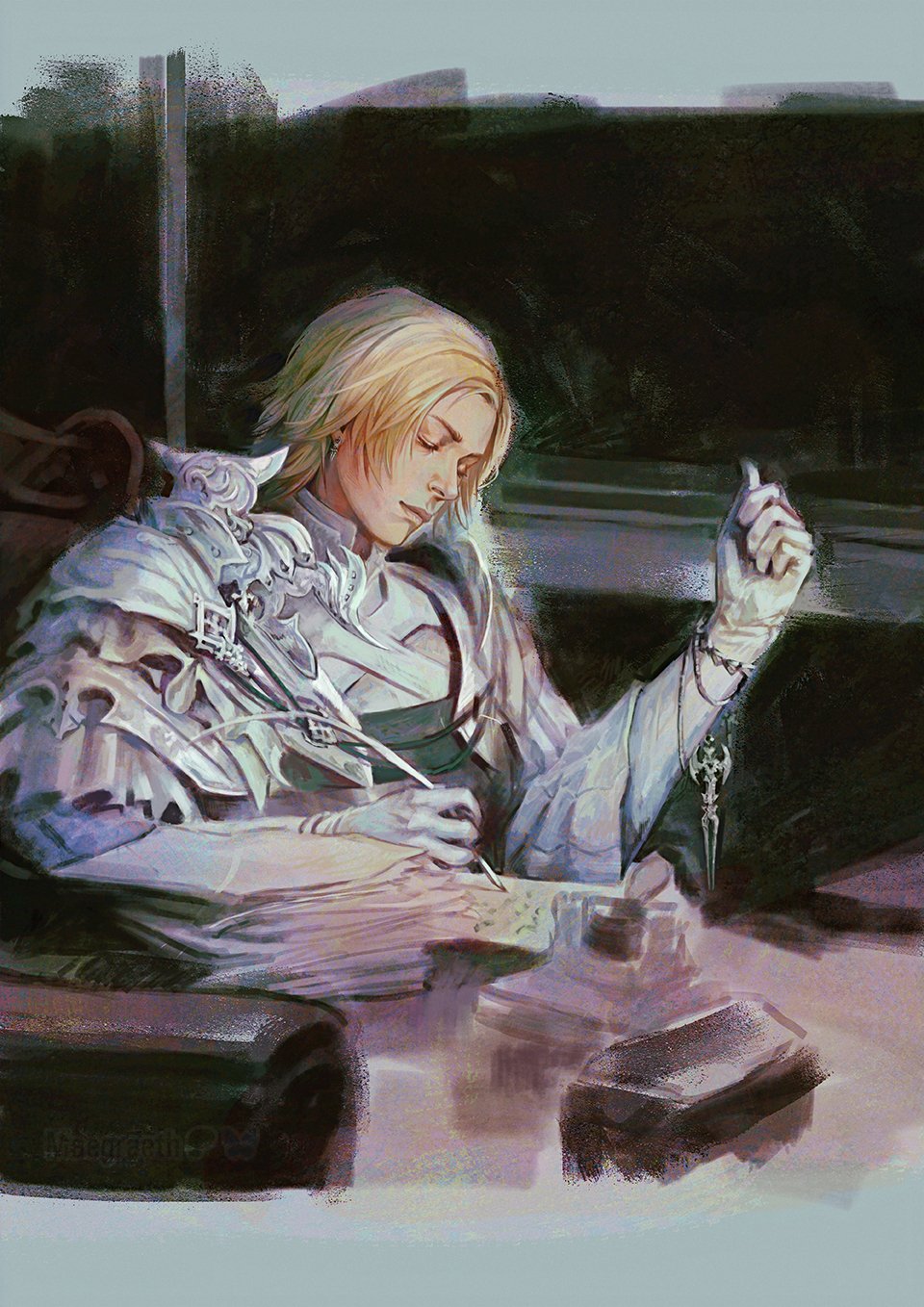 maegraeth, dion lesage, final fantasy, final fantasy xvi, highres, 1boy, armor, blonde hair, closed eyes, closed mouth, earrings, holding, holding quill, inkwell, jewelry, male focus, paper stack, parted bangs, quill, shirt, short hair, shoulder armor, sitting, solo, upper body, white shirt, writing