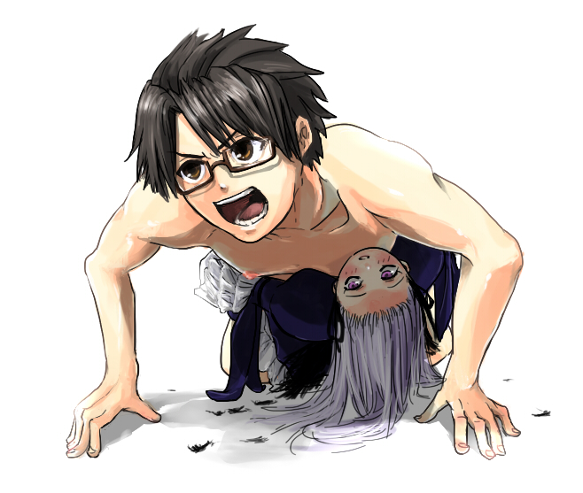 evisu, sakurada jun, suigintou, rozen maiden, silver hair, 00s, 1boy, 1girl, all fours, black hair, blush, brown eyes, dress, feathers, flat chest, glasses, hetero, hug, nipples, nude, purple eyes, short hair, upside-down, wings