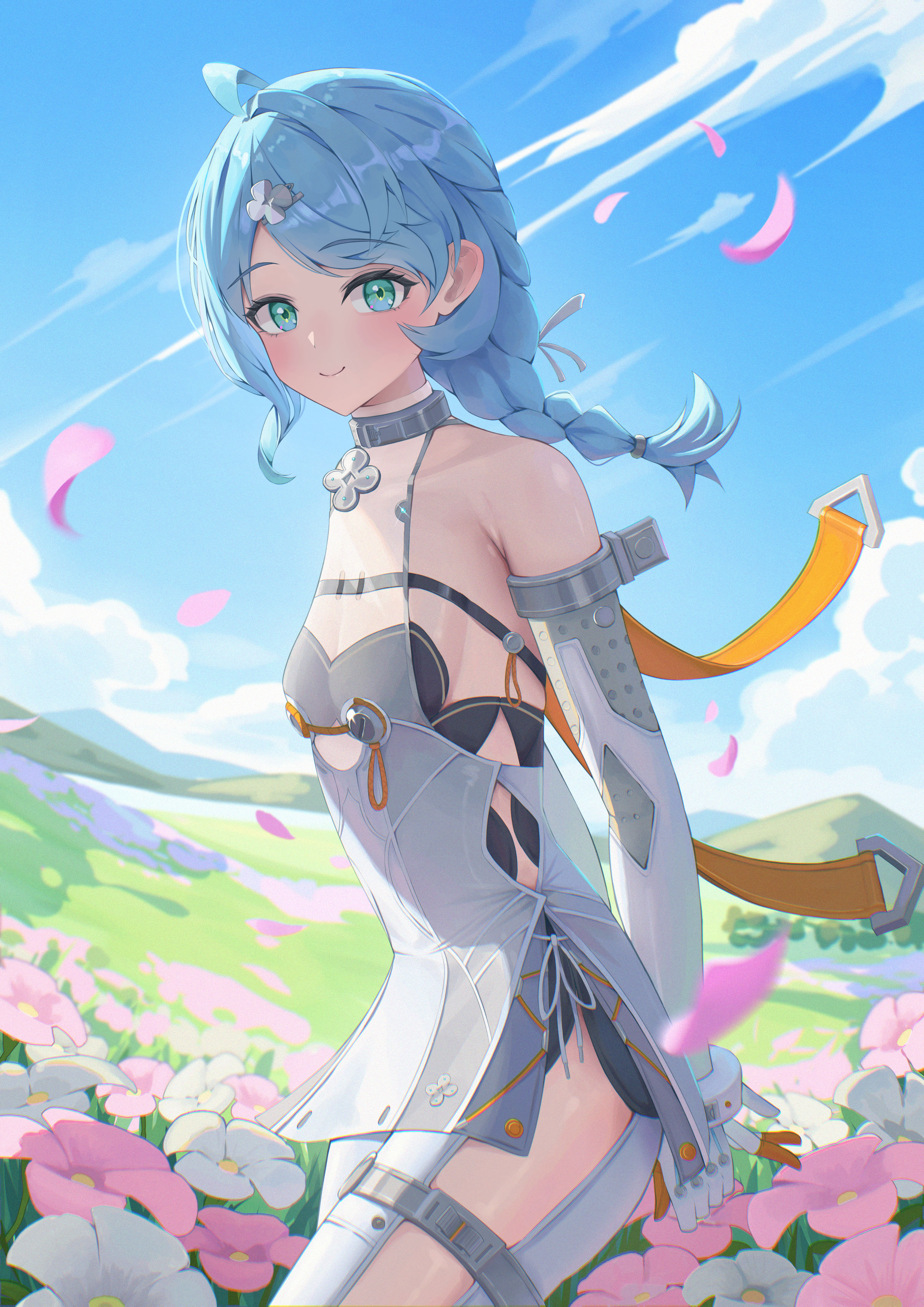gonza3 v, seed (zenless zone zero), zenless zone zero, absurdres, highres, 1girl, ahoge, arms behind back, bare shoulders, blue hair, blue sky, breasts, closed mouth, cloud, elbow gloves, falling petals, floating hair, flower, gloves, long hair, looking at viewer, outdoors, petals, pink flower, screw hair ornament, sky, small breasts, smile, solo, standing, white flower, white gloves