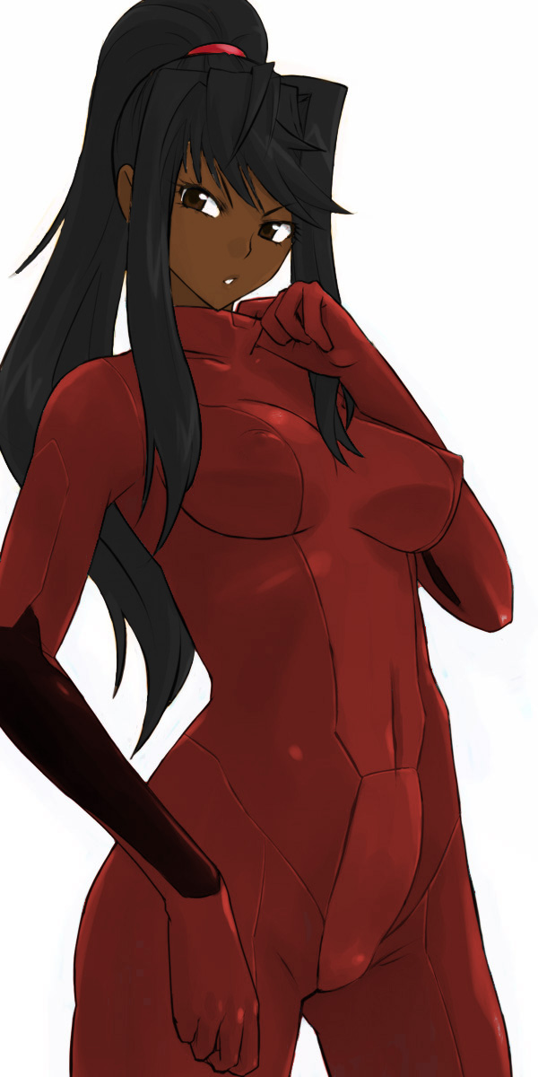 michael f91, samus aran, metroid, nintendo, highres, long image, tall image, 1girl, black hair, breasts, brown eyes, dark skin, female focus, latex, ponytail, skin tight, zero suit