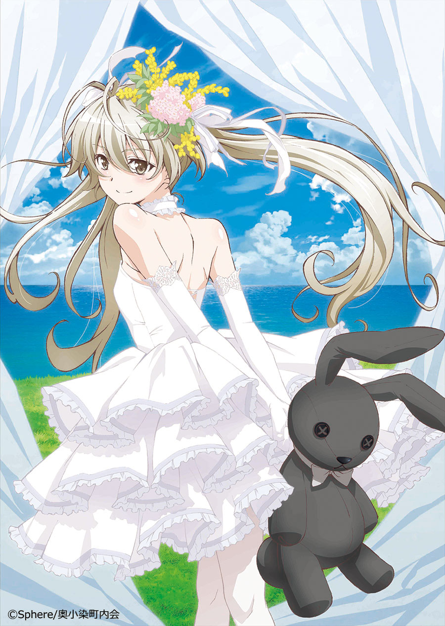 kasugano sora, yosuga no sora, artist request, highres, official art, 1girl, arms behind back, bare shoulders, blue sky, closed mouth, copyright notice, dress, elbow gloves, feet out of frame, flower, from behind, gloves, grey hair, hair flower, hair ornament, holding, holding stuffed toy, long hair, looking at viewer, looking back, sky, smile, solo, stuffed animal, stuffed rabbit, stuffed toy, twintails, white dress, white gloves