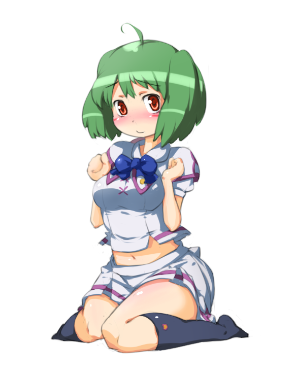 comcom, ranka lee, macross, macross frontier, 00s, 1girl, blush, breasts, clenched hands, female focus, green hair, large breasts, midriff, navel, orange eyes, ribbon, shy, sitting, solo, wariza