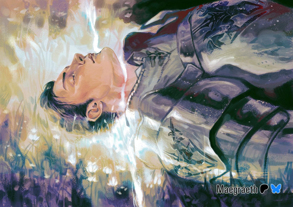 maegraeth, terrence (ff16), final fantasy, final fantasy xvi, 1boy, armor, artist name, black hair, breastplate, closed eyes, closed mouth, field, flower, flower field, hair slicked back, male focus, pauldrons, plate armor, shirt, short hair, shoulder armor, sideburns, solo, upper body, white shirt