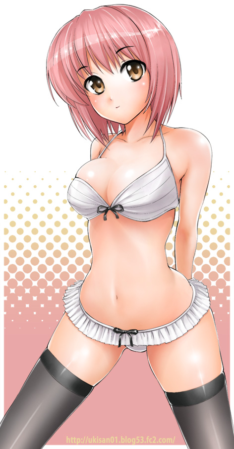 maruyama, original, 1girl, arms behind back, black thighhighs, bra, breasts, brown eyes, cleavage, female focus, frills, halftone, halftone background, large breasts, lingerie, navel, panties, pink hair, short hair, skindentation, solo, thighhighs, underwear, underwear only