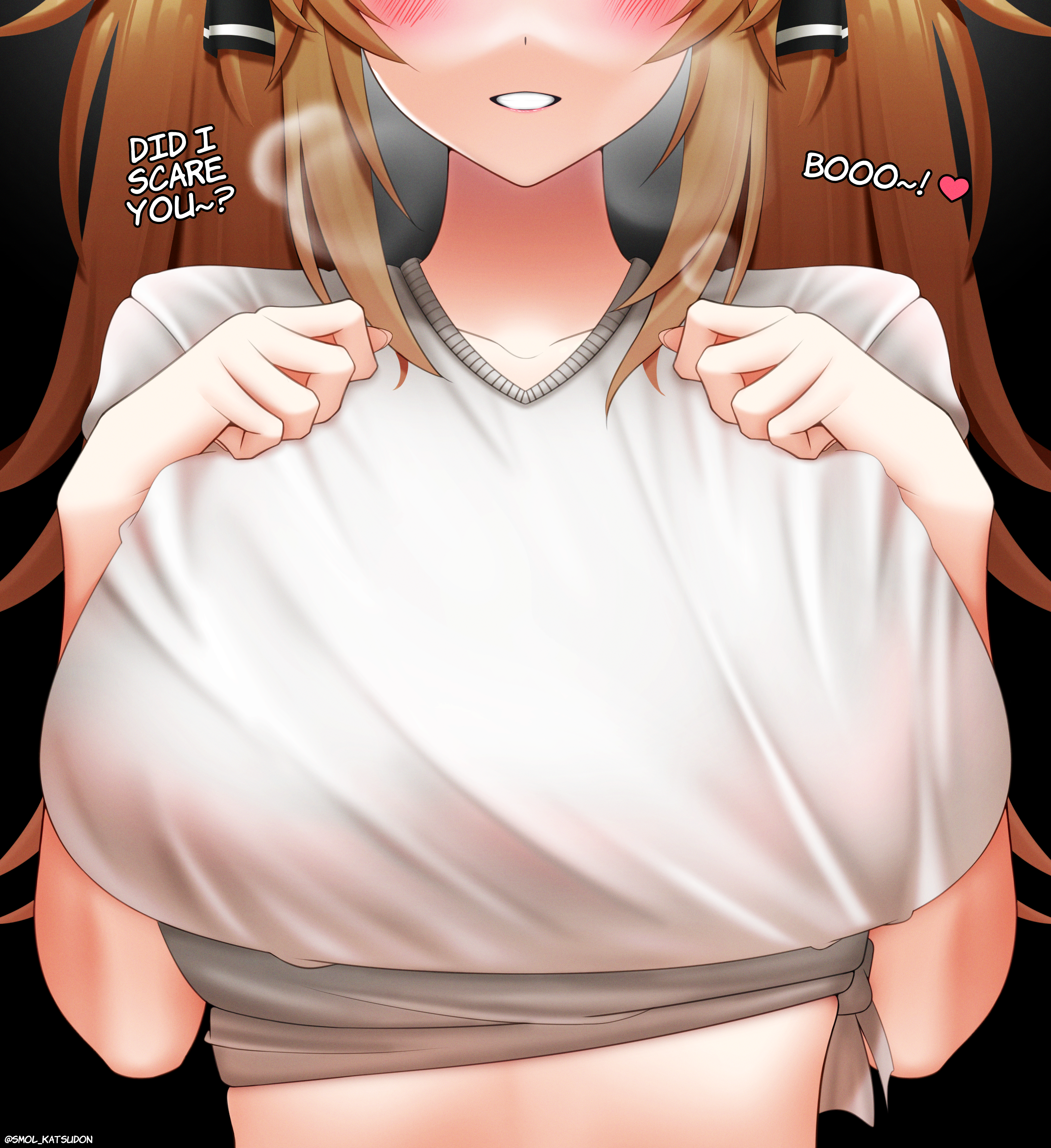 45sensei, lenna (girls' frontline 2), ump9 (girls' frontline), girls' frontline, girls' frontline 2: exilium, absurdres, highres, 1girl, black ribbon, blush, breasts, brown hair, close-up, english text, grin, hair ribbon, hand on own chest, hands up, head out of frame, large breasts, long hair, orange hair, ribbon, shirt, smile, solo, twintails, upper body, very long hair, white shirt