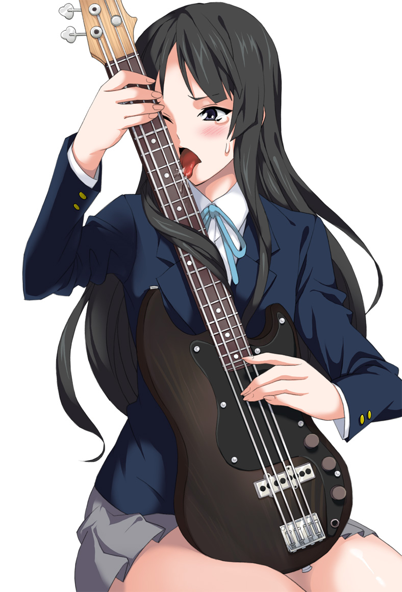 shin'ya (shin'yanchi), akiyama mio, k-on!, 00s, 1girl, bass guitar, black eyes, black hair, blush, female focus, instrument, licking, long hair, saliva, school uniform, sexually suggestive, simple background, skirt, solo, tears, tongue