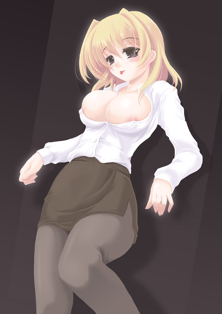 frapowa, shamal, lyrical nanoha, mahou shoujo lyrical nanoha, mahou shoujo lyrical nanoha strikers, 00s, 1girl, :p, blonde hair, breasts, covered erect nipples, female focus, large breasts, nipples, open clothes, open shirt, pantyhose, pencil skirt, purple eyes, shirt, short hair, skirt, solo, tongue, tongue out