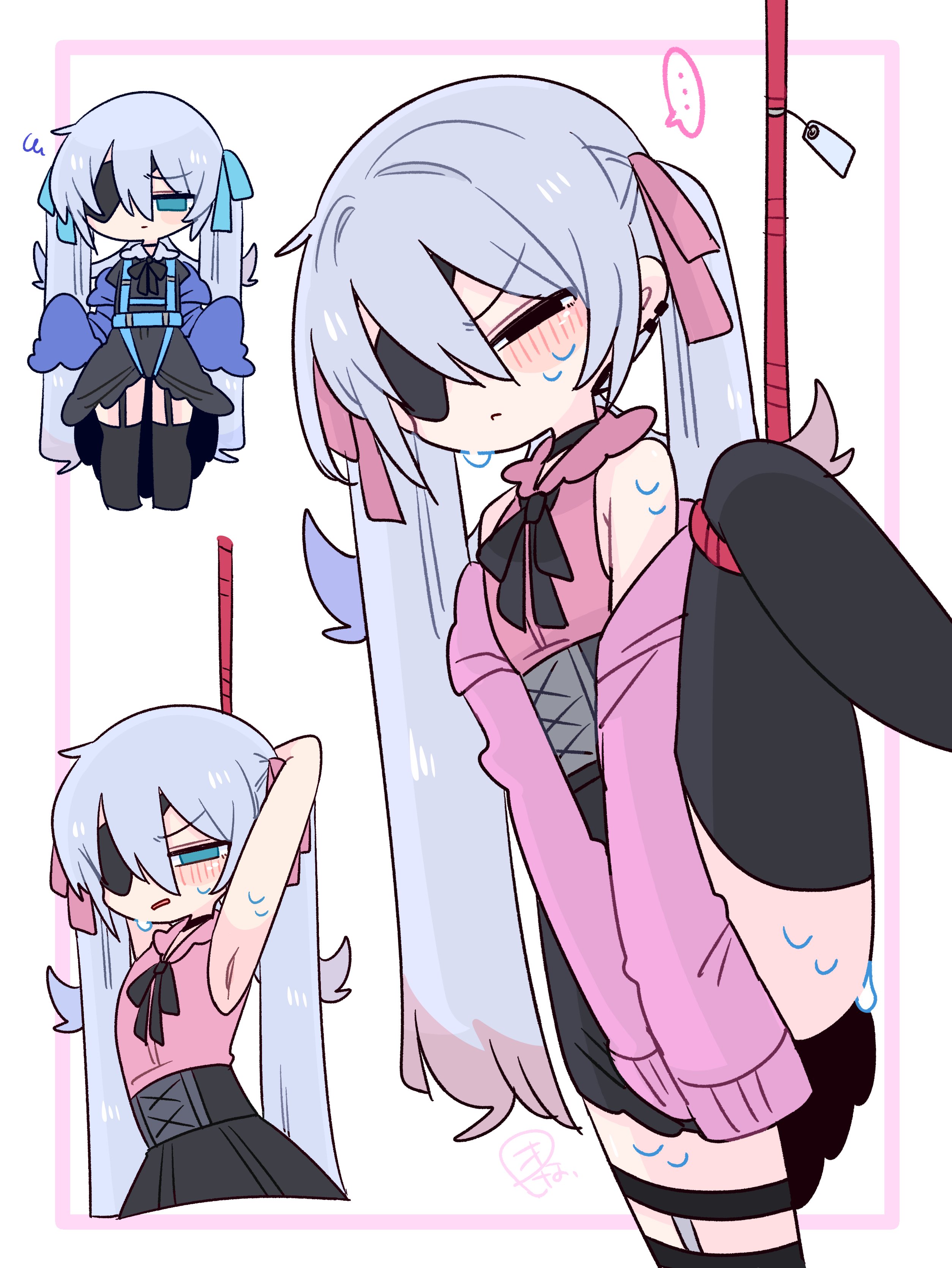 op na yarou, original, absurdres, commentary, highres, …, 1boy, armpit crease, armpits, arms behind head, arms up, bare shoulders, black choker, black corset, black eyes, black ribbon, black shirt, black skirt, black thighhighs, blue bow, blue cardigan, blue eyes, blue hair, blush, bound, bow, cardigan, choker, closed mouth, collared shirt, colored tips, corset, covering crotch, covering privates, cowboy shot, crossdressing, crossdressing (mtf), double-parted bangs, earclip, eyepatch, feet out of frame, flipped hair, frilled shirt collar, frills, frown, furrowed brow, garter straps, hair between eyes, hair bow, hair intakes, hands up, harness, leg up, light blush, long hair, long sleeves, male focus, miniskirt, multicolored hair, multiple views, narrowed eyes, neck ribbon, no nose, no pupils, off shoulder, one eye covered, open cardigan, open clothes, pink bow, pink cardigan, pink shirt, quad tails, red hair, red rope, ribbon, rigel (op na yarou), rope, shirt, sidelocks, simple background, skirt, sleeveless, sleeveless shirt, sleeves past fingers, sleeves past wrists, speech bubble, spoken ellipsis, squiggle, standing, standing on one leg, straight hair, sweat, thighhighs, thighs, tied up (nonsexual), trap, v-shaped eyebrows, v arms, very long hair, watermark, white background, white hair
