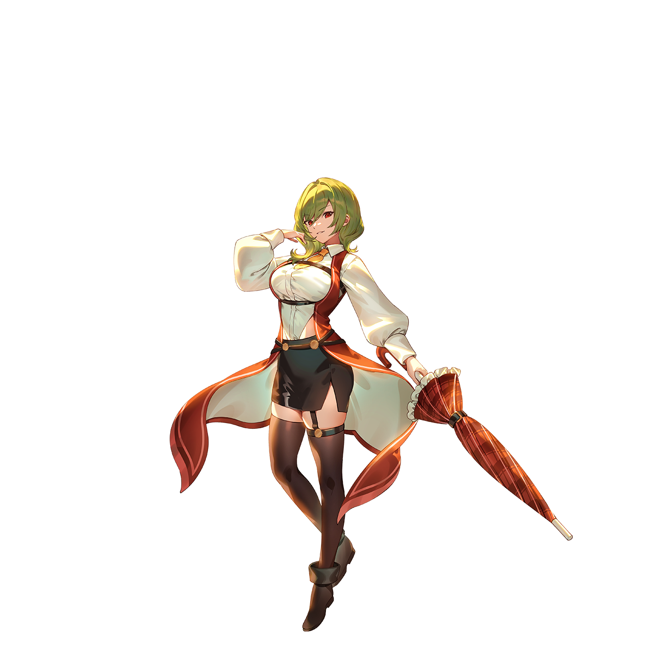 u u zan, kazami yuuka, touhou, touhou gensou eclipse, game cg, highres, non-web source, official art, second-party source, 1girl, alternate costume, black boots, black skirt, boots, breasts, brown thighhighs, closed umbrella, coat, collared shirt, garter straps, holding, holding umbrella, large breasts, long sleeves, looking at viewer, necktie, open clothes, open coat, pencil skirt, puffy long sleeves, puffy sleeves, red coat, shirt, skirt, sleeveless, sleeveless coat, smile, solo, thighhighs, transparent background, umbrella, white shirt, yellow necktie
