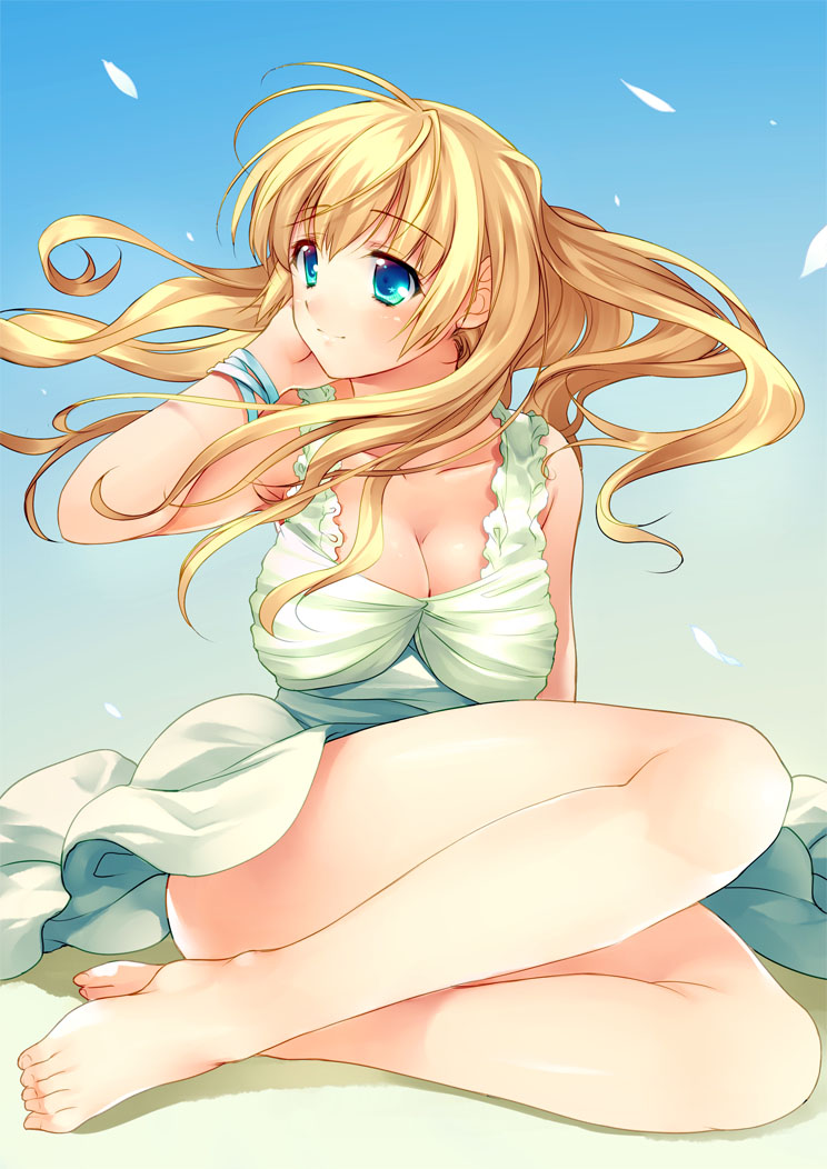 mizuto umi (blue monday), original, bad id, bad pixiv id, 1girl, barefoot, blonde hair, blue eyes, breasts, cleavage, dress, feet, female focus, large breasts, long hair, petals, solo, wind