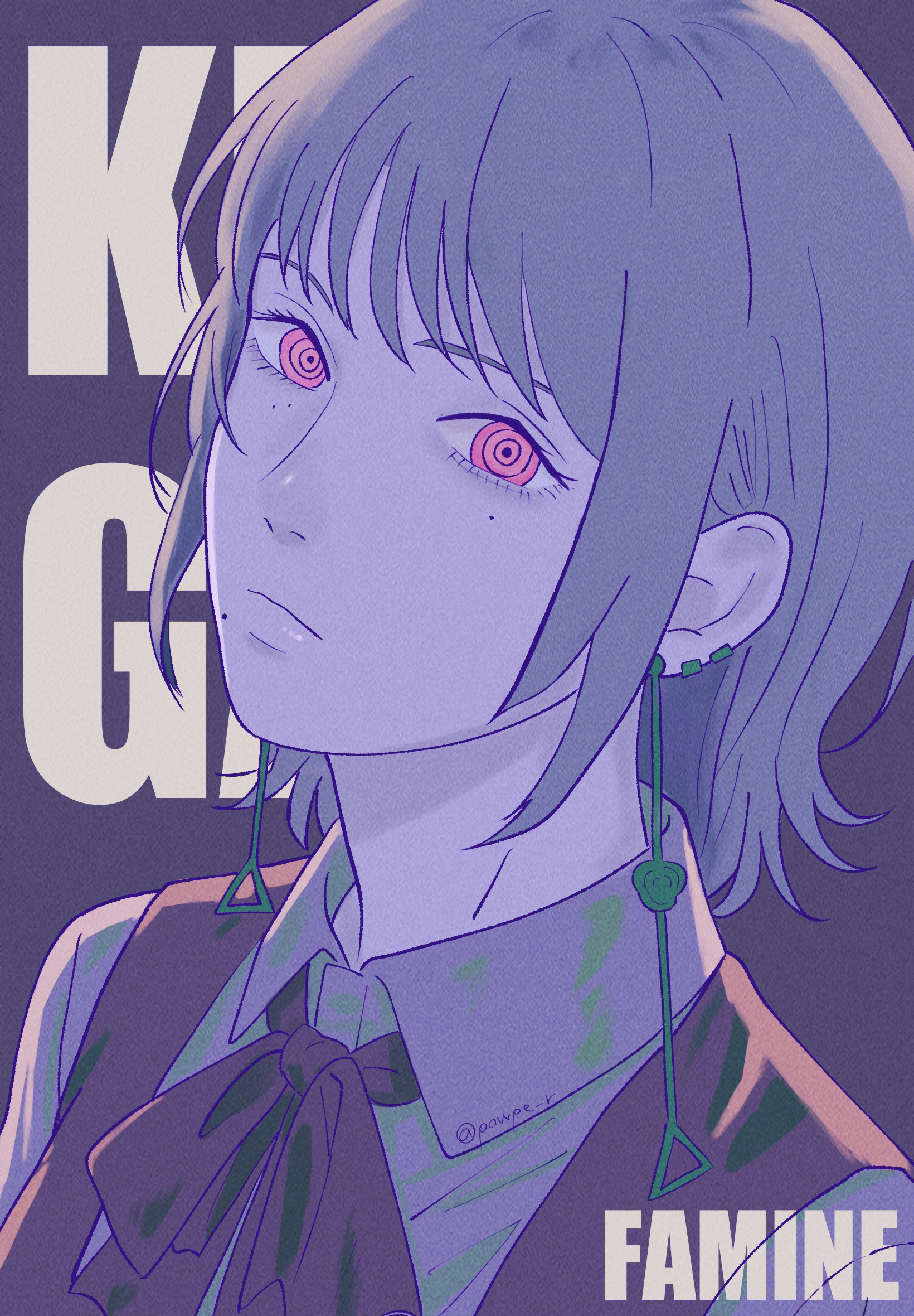 fami (chainsaw man), chainsaw man, highres, 1girl, character name, closed mouth, dress, earrings, expressionless, fourth east high school uniform, grey hair, grey shirt, jewelry, looking at viewer, mole, mole under eye, mole under mouth, multiple moles, pink eyes, powpe r, purple dress, purple ribbon, ribbon, ringed eyes, school uniform, shirt, solo, twitter username