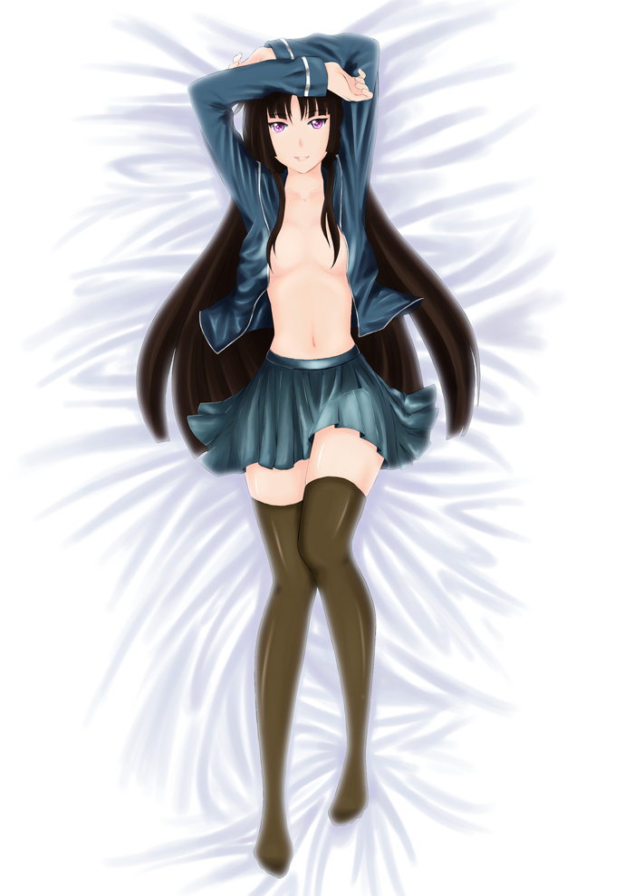 prinz luzifer, isayama yomi, ga-rei, ga-rei zero, bad id, bad pixiv id, 00s, 1girl, black hair, blunt bangs, feet, female focus, hime cut, long hair, no bra, open clothes, open shirt, pleated skirt, purple eyes, school uniform, serafuku, shirt, skirt, solo, thighhighs, very long hair, zettai ryouiki