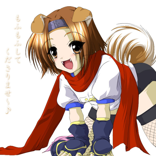 konoha (arcana heart), aq interactive, arcana heart, atlus, examu, all fours, animal ears, brown hair, dog ears, dog tail, headband, ninja, scarf, tail
