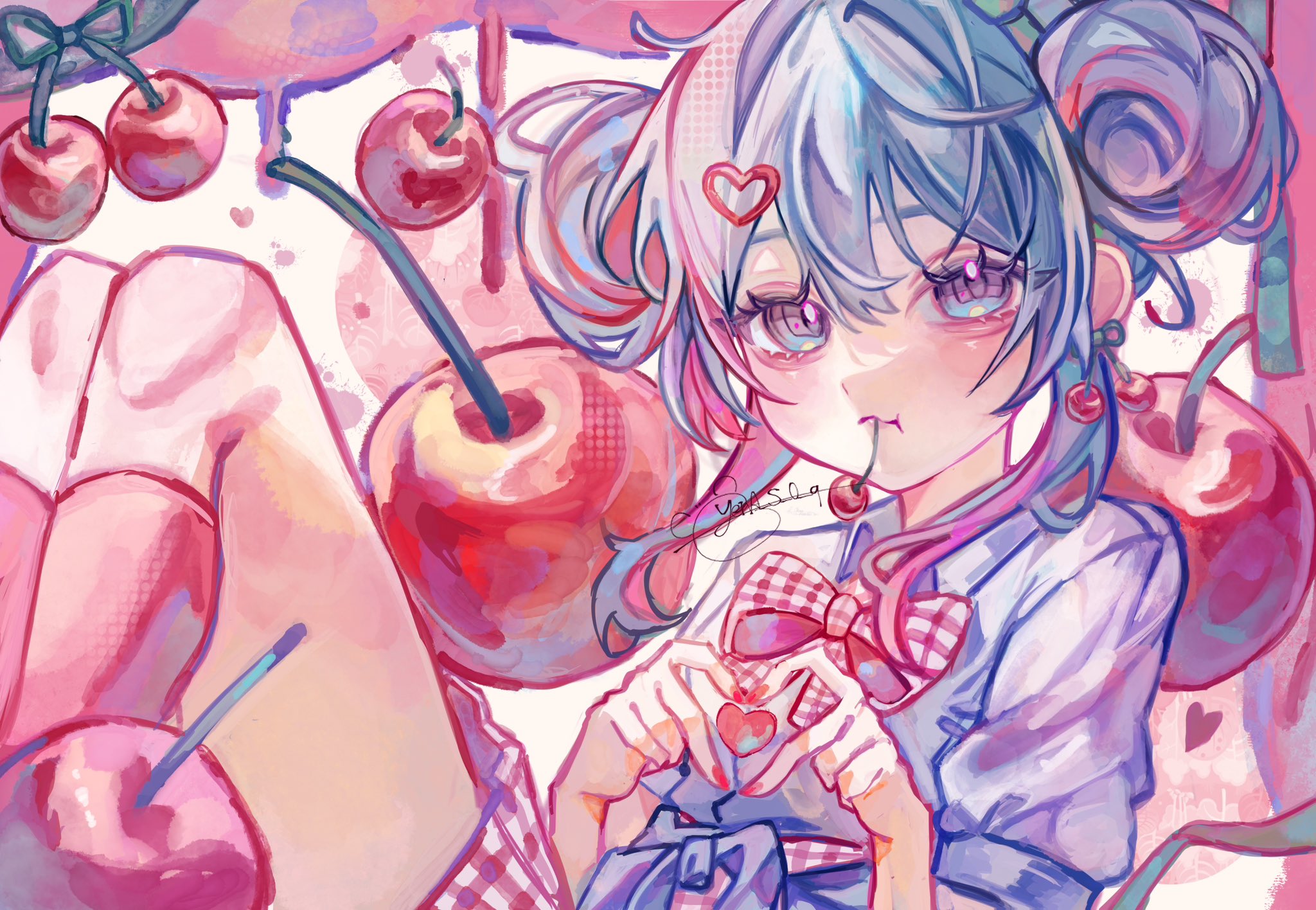 yena s, hatsune miku, cherry pop (vocaloid), vocaloid, commentary request, highres, 1girl, :t, aegyo sal, blue eyes, blue hair, bow, bowtie, breasts, cherry, cherry earrings, closed mouth, collared shirt, double-parted bangs, double bun, earrings, eating, feet out of frame, food, food-themed earrings, food themed earrings, fruit, hair between eyes, hair bun, hair ornament, halftone, hands up, heart, heart hair ornament, heart hands, heart in heart hands, jewelry, kneehighs, knees up, looking at viewer, miniskirt, mouth hold, multicolored hair, nail polish, pink socks, plaid bow, plaid bowtie, plaid clothes, plaid skirt, pleated skirt, puffy short sleeves, puffy sleeves, red bow, red bowtie, red hair, red nails, red skirt, shirt, short hair with long locks, short sleeves, sidelocks, simple background, sitting, skirt, small breasts, socks, solo, streaked hair, twitter username, two-tone bow, two-tone bowtie, two-tone hair, two-tone skirt, wavy mouth, white background, white bow, white bowtie, white shirt, white skirt