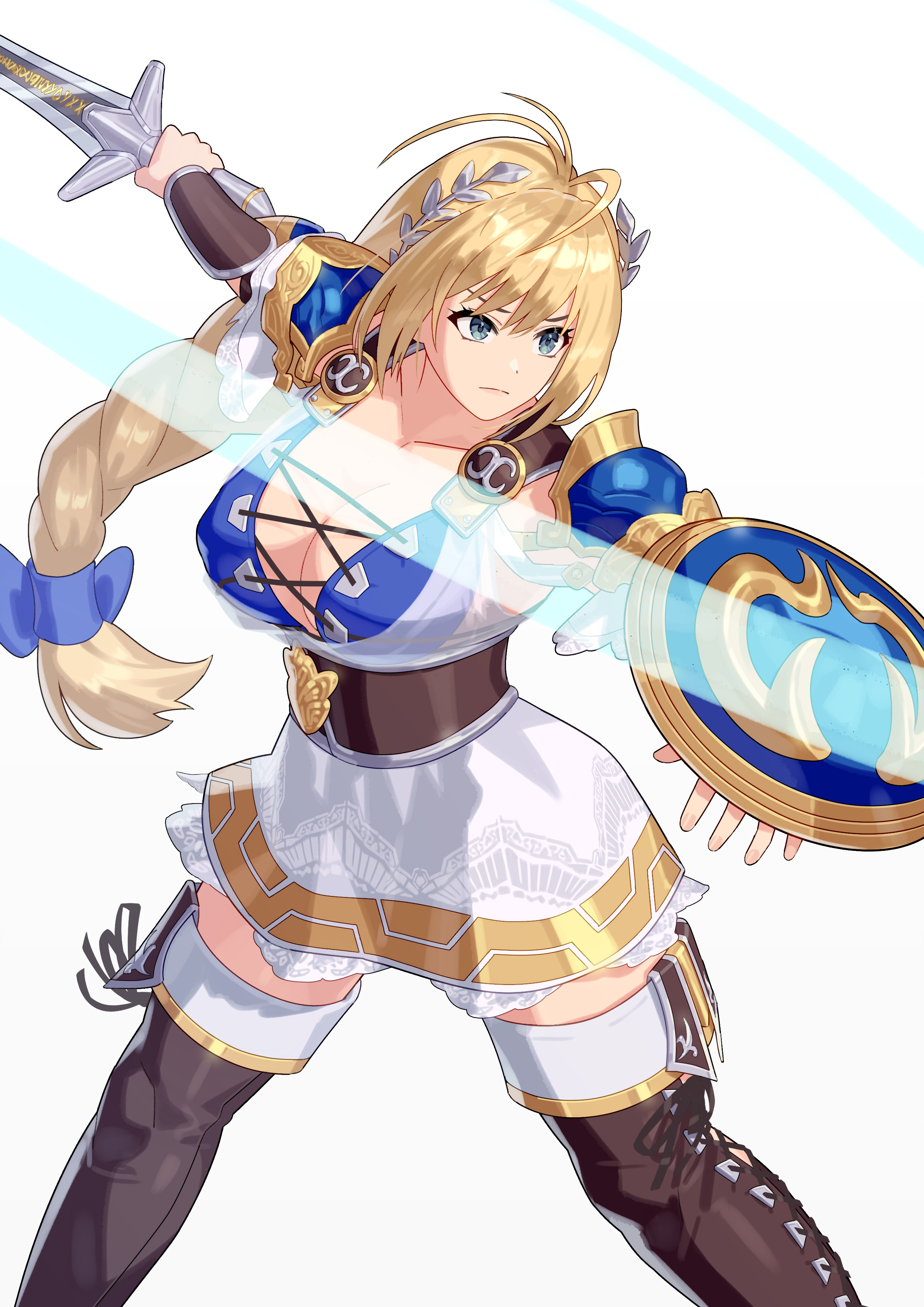 yagi2013, sophitia alexandra, soul calibur, absurdres, commentary, commission, highres, pixiv commission, 1girl, blonde hair, blue eyes, braid, braided ponytail, breasts, holding, holding shield, holding sword, holding weapon, long hair, shield, simple background, solo, sword, weapon, white background