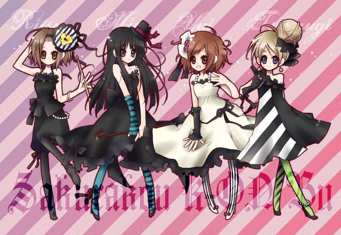 kirishima yuuki, akiyama mio, hirasawa yui, kotobuki tsumugi, tainaka ritsu, don't say "lazy", k-on!, striped legwear, vertical-striped legwear, bad id, bad pixiv id, 00s, 4girls, blue pantyhose, green pantyhose, hair bun, hat, ho-kago tea time, mini hat, mini top hat, multiple girls, pantyhose, single hair bun, striped clothes, striped pantyhose, top hat, vertical-striped clothes, vertical-striped pantyhose
