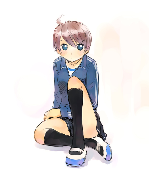 ikeda jun (mizutamari), 1girl, ahoge, black socks, female focus, gym uniform, jacket, kneehighs, mary janes, shoes, short hair, sitting, socks, solo, uwabaki