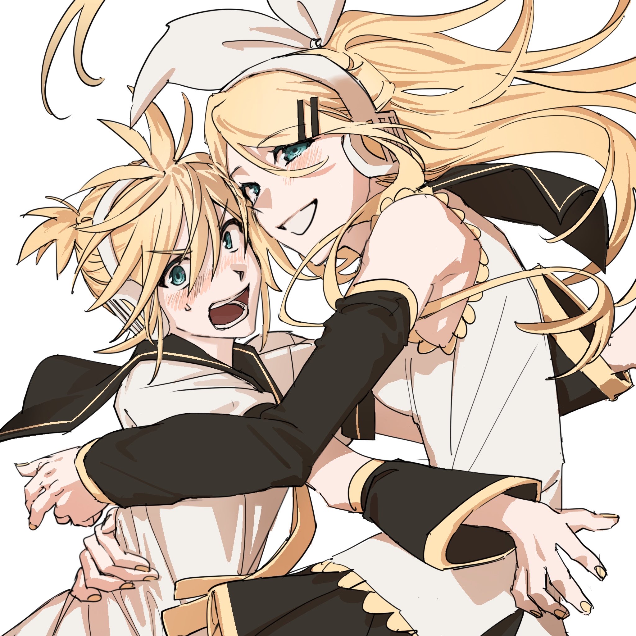 kanononoring, kagamine len, kagamine rin, vocaloid, highres, 1boy, 1girl, arm around waist, bare shoulders, black sailor collar, black skirt, black sleeves, blonde hair, blue eyes, blush, breasts, detached sleeves, furrowed brow, grin, hair between eyes, hair ribbon, headphones, hetero, hug, long hair, looking at viewer, medium breasts, necktie, open mouth, parted lips, ponytail, ribbon, sailor collar, shirt, short ponytail, short sleeves, skirt, sleeveless, sleeveless shirt, smile, sweatdrop, teeth, upper body, white background, white ribbon, white shirt, yellow necktie