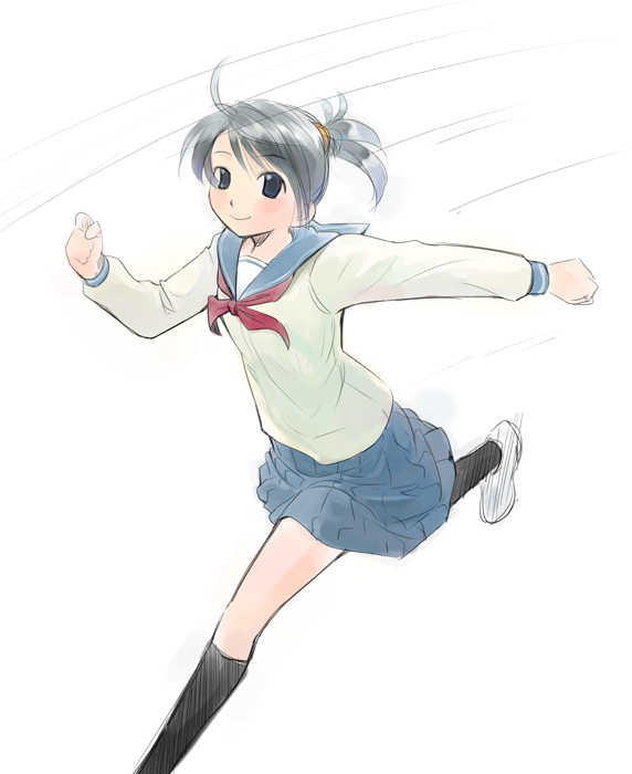 ikeda jun (mizutamari), 1girl, female focus, kneehighs, messy hair, ponytail, running, school uniform, serafuku, socks, solo