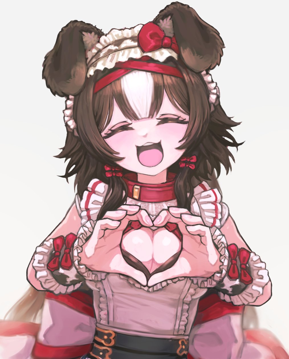 sussynano, bibi biscuit, phase connect, highres, 1girl, :3, :d, animal ears, blush, breasts, cleavage, cleavage cutout, closed eyes, clothing cutout, collar, dog ears, dog girl, dress, heart, heart hands, low twintails, medium breasts, medium hair, open mouth, pink dress, red collar, smile, solo, teeth, twintails, upper teeth only, virtual youtuber, white background