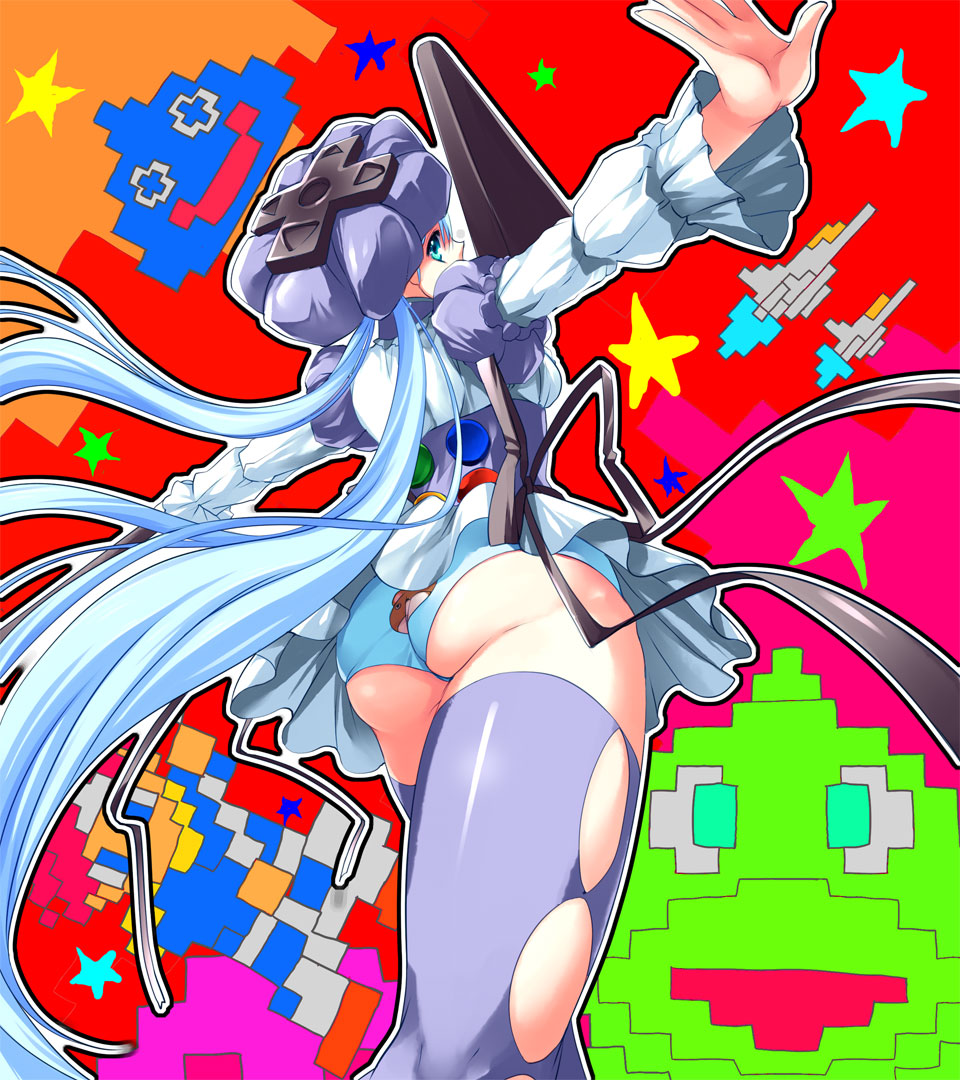 mizuto umi (blue monday), original, bad id, bad pixiv id, 1girl, ass, blue eyes, blue hair, buttons, dress, female focus, hat, long hair, matching hair/eyes, panties, personification, print panties, solo, thighhighs, two-tone dress, underwear, upskirt