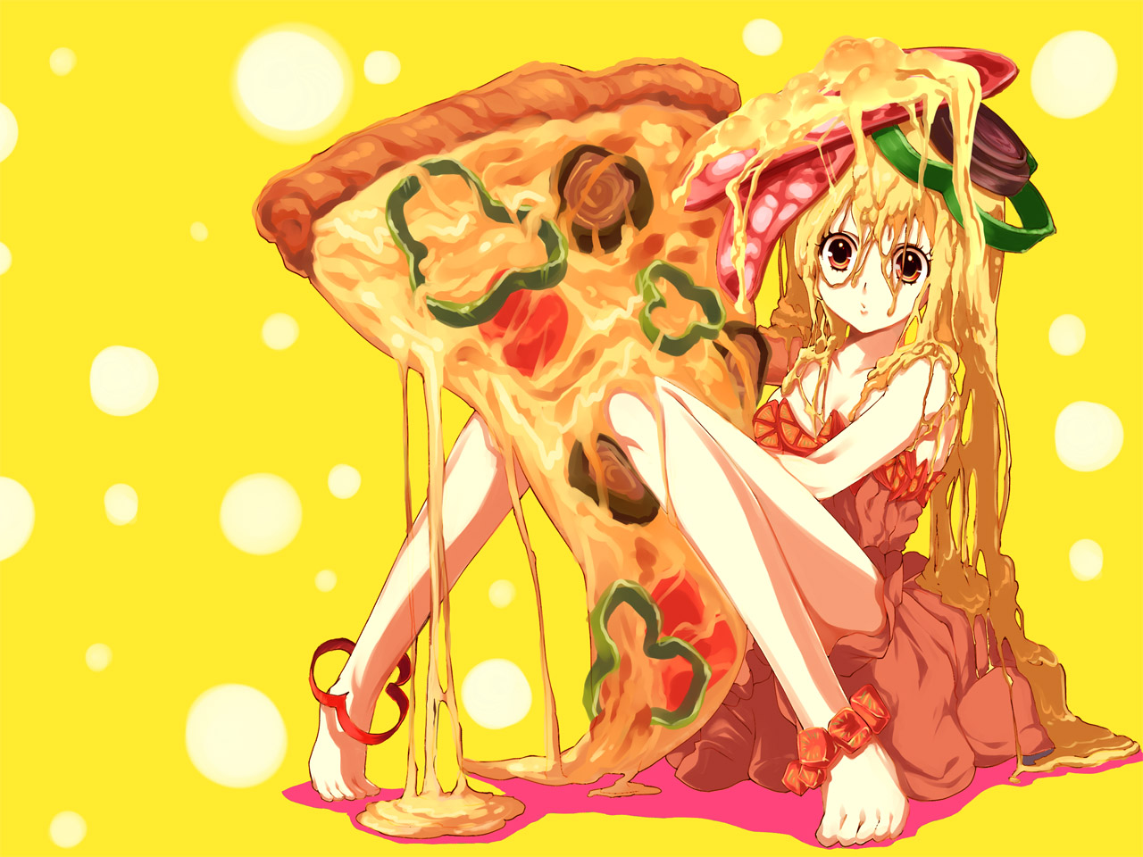 mizuto umi (blue monday), original, messy, bad id, bad pixiv id, 1girl, anklet, barefoot, bell pepper, bell pepper slice, blonde hair, breasts, cheese, cleavage, dress, dripping, feet, female focus, food, food-themed clothes, food as clothes, food on head, green bell pepper, in food, jewelry, long hair, medium breasts, mini person, minigirl, object on head, pepperoni, pizza, pizza slice, sitting, sliced bell pepper, solo, strapless, strapless dress, tomato, yellow eyes